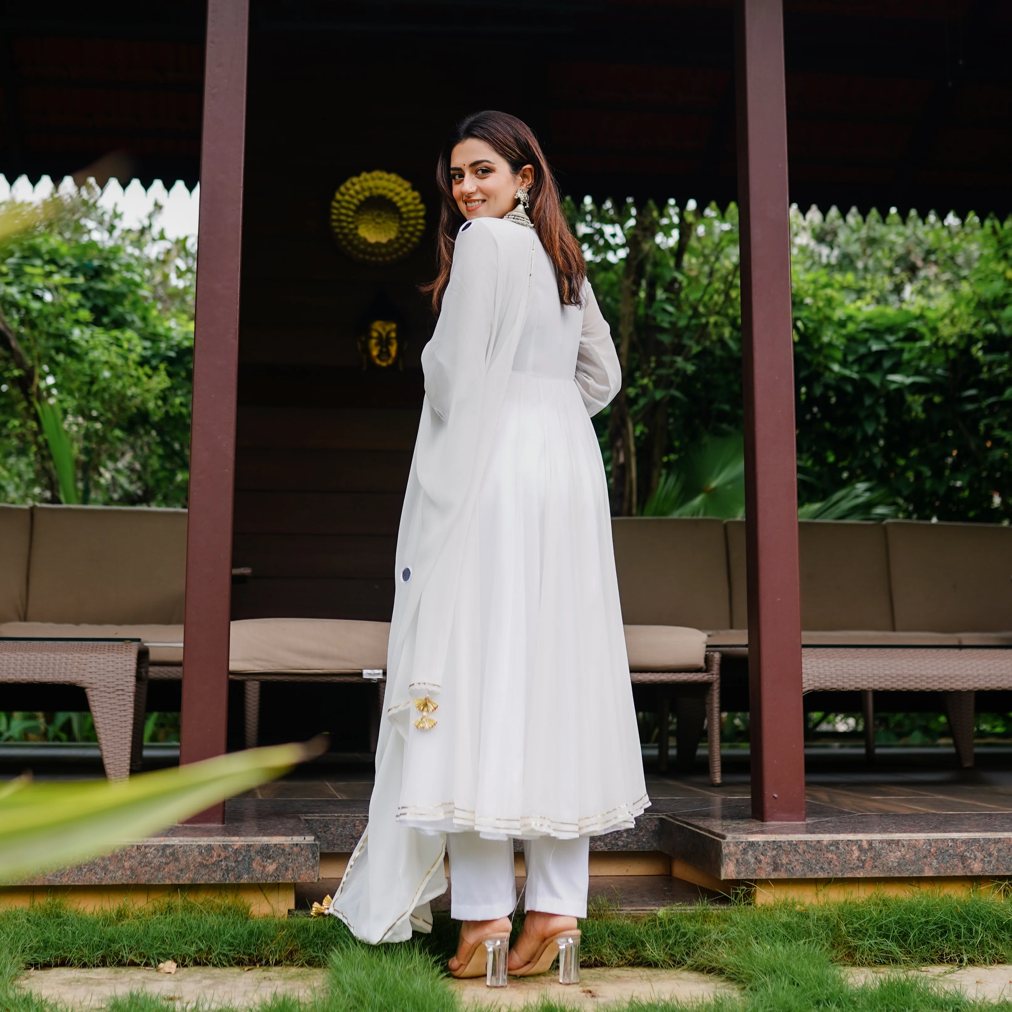 Bunaai White Anarkali And Pant With Dupatta - Woolfily