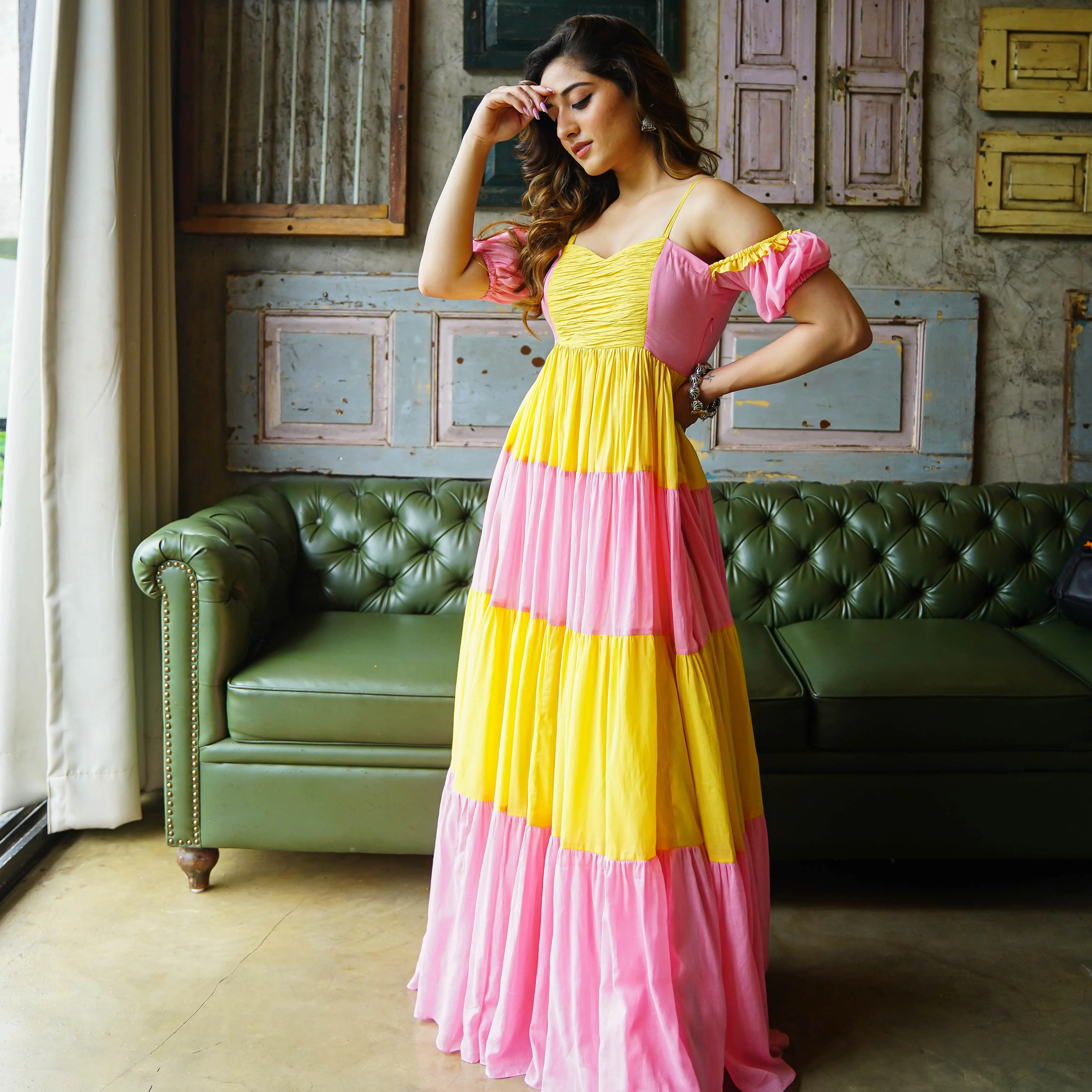 Bunaai Amelia Pink Yellow Maxi Dress - Woolfily