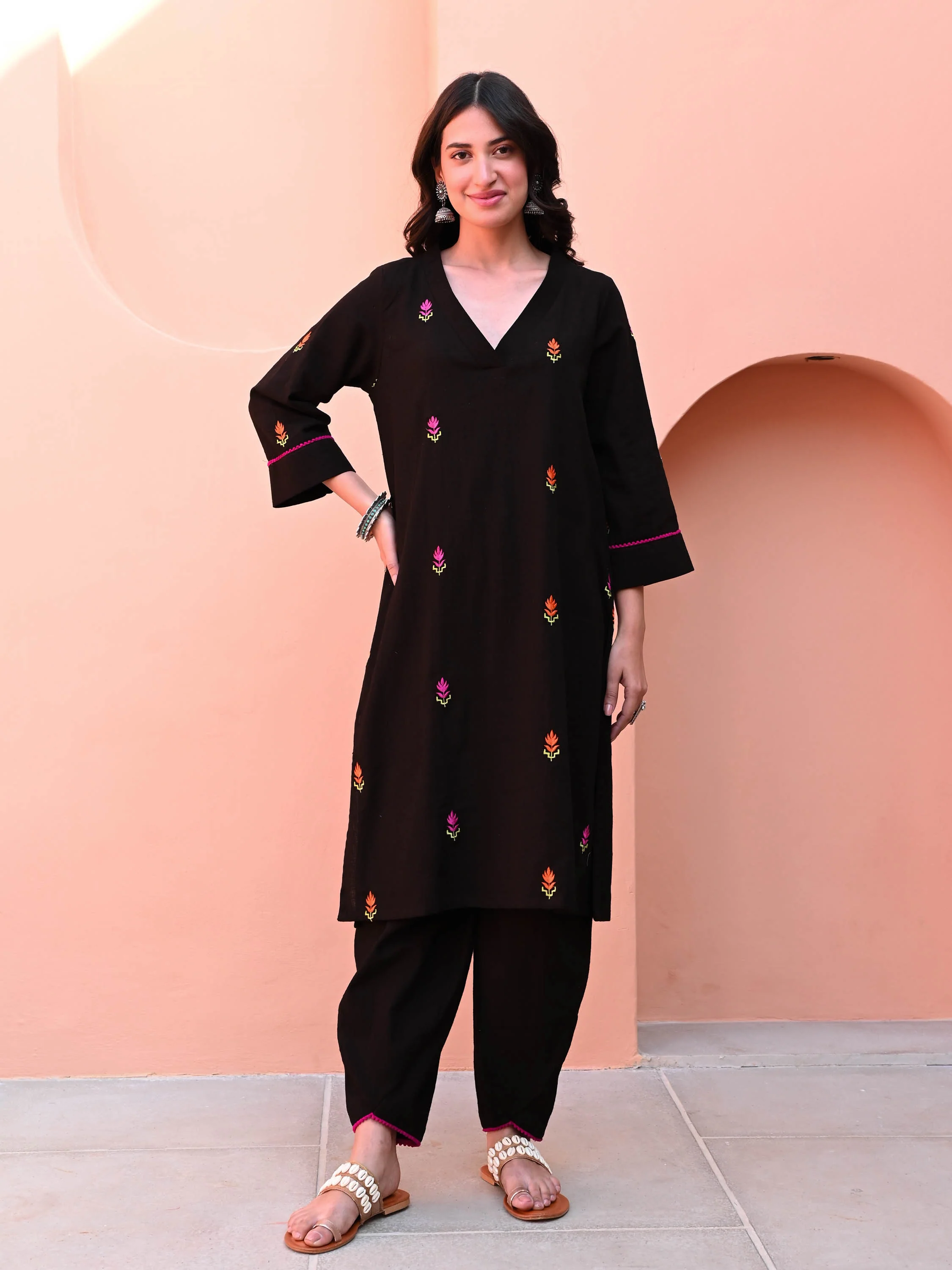 Black Embroidered Cotton Co-ord Set - Woolfily