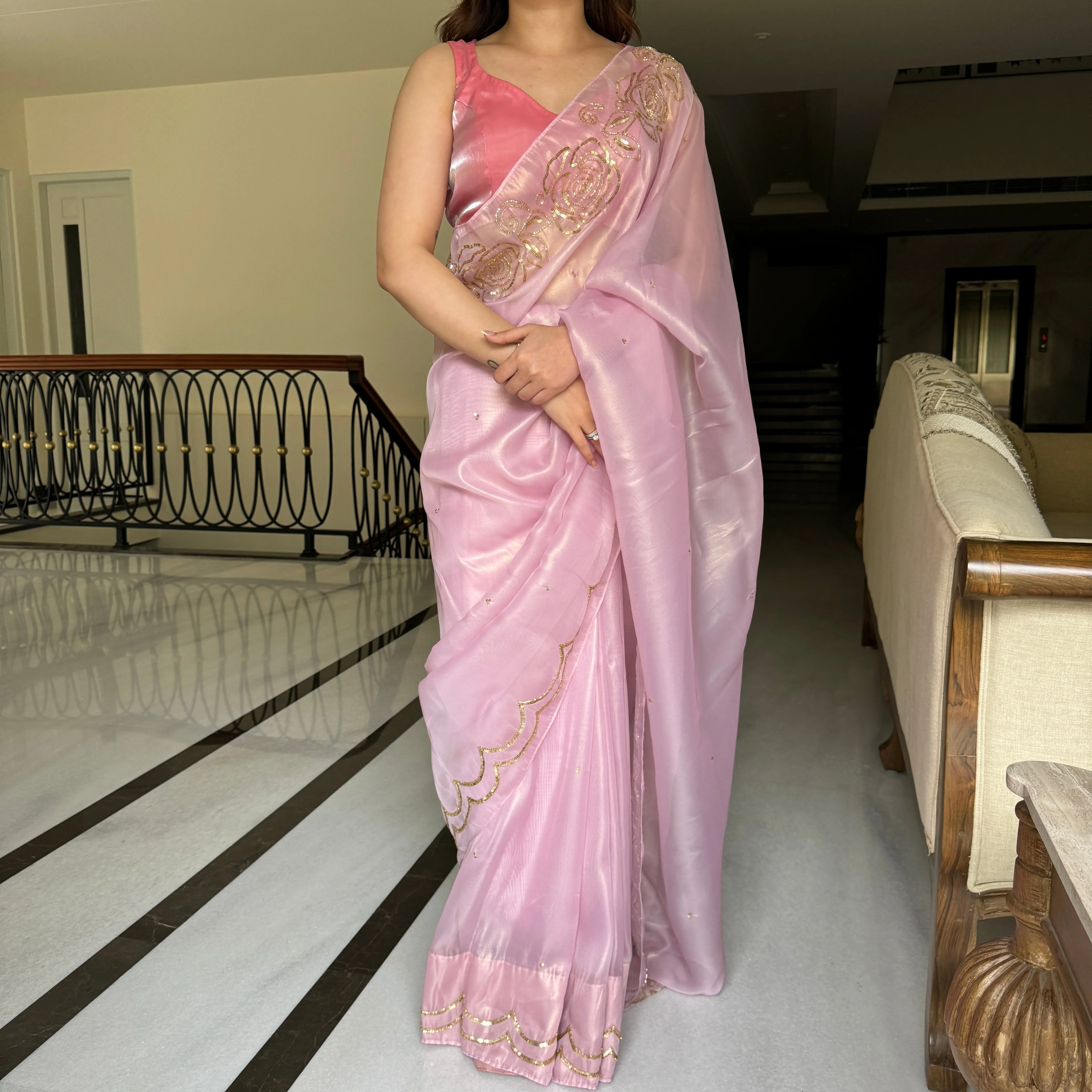 Rosy Pink Tissue Saree - Woolfily