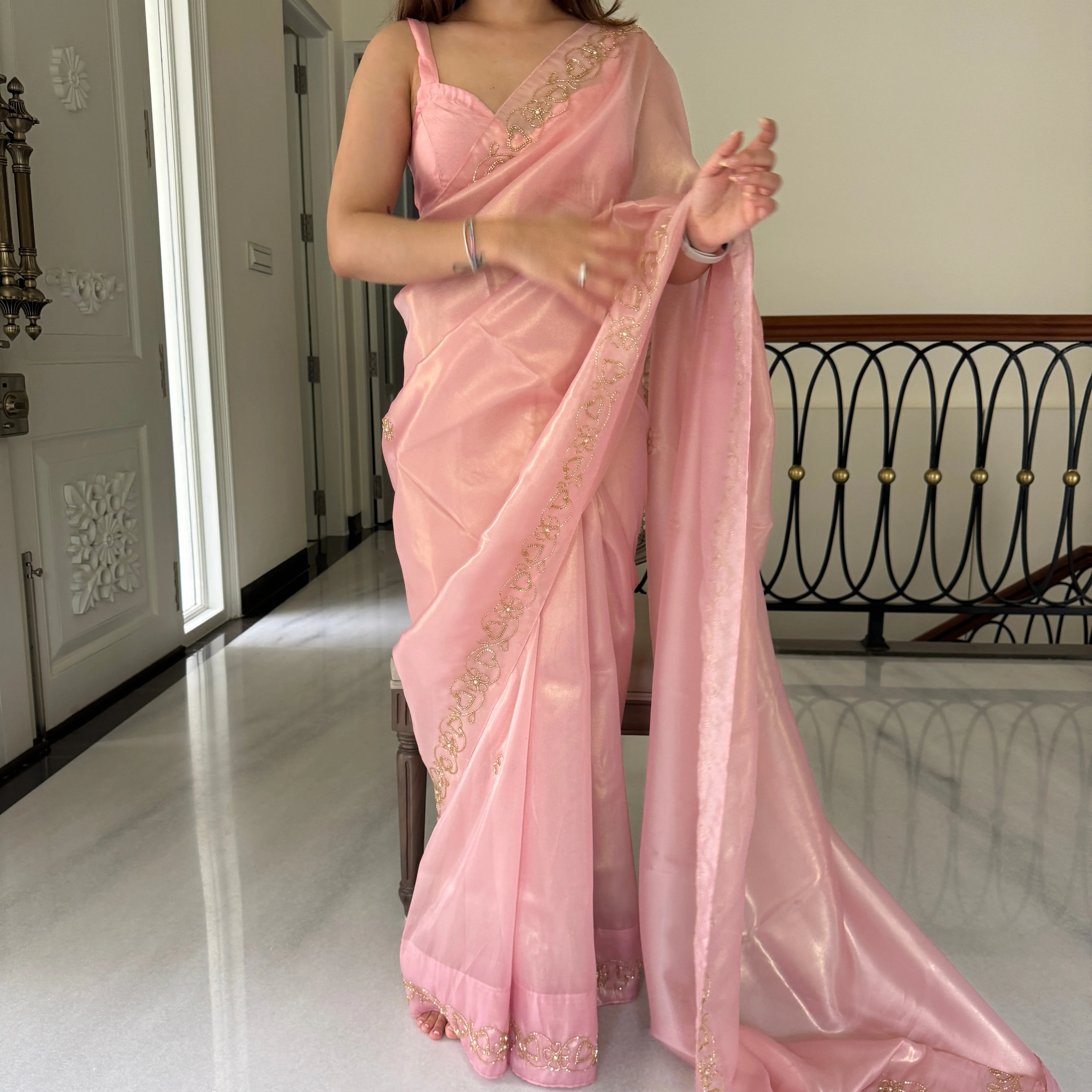 Petal Pink Shimmer Saree - Woolfily