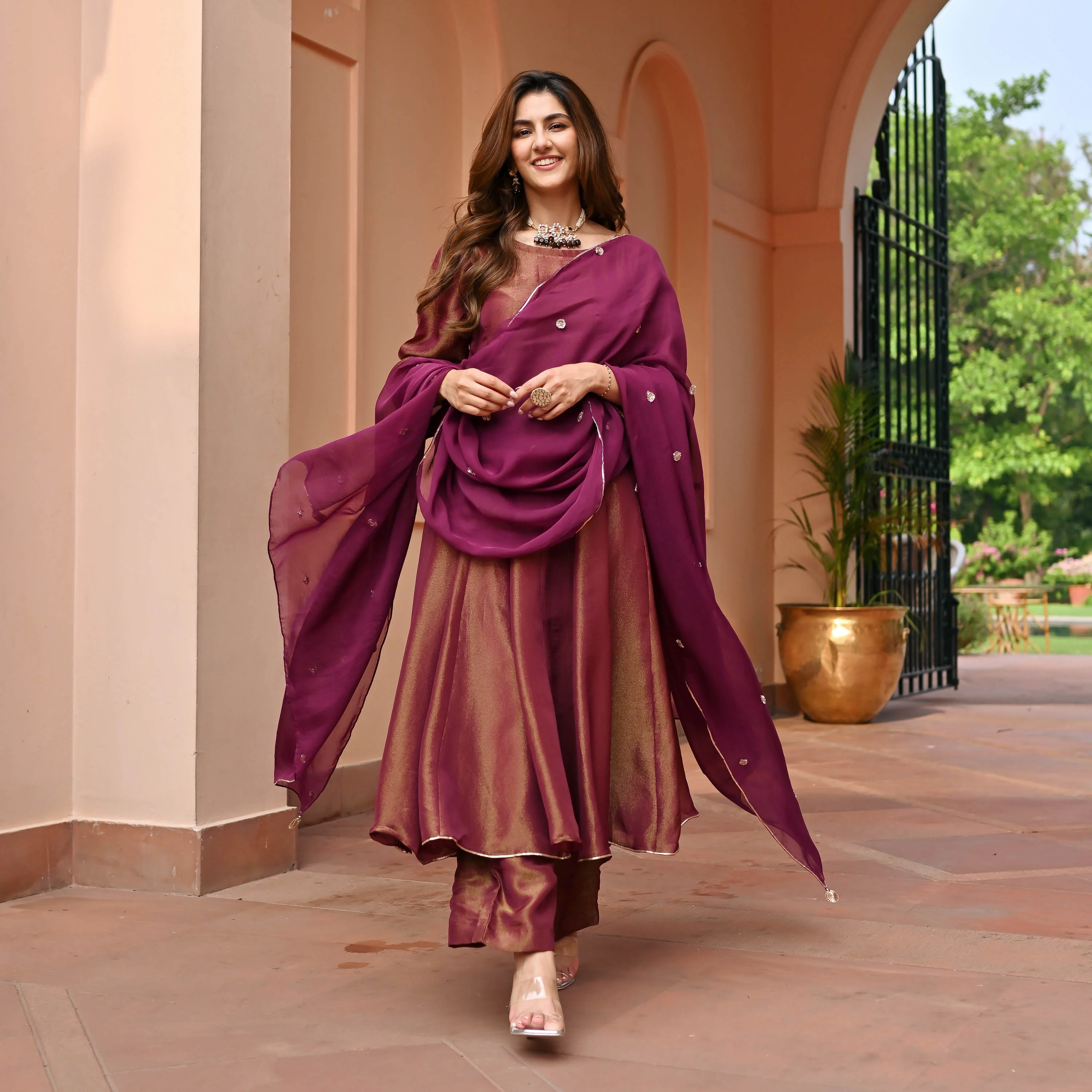 Maroon Tissue Silk Suit Set - Woolfily