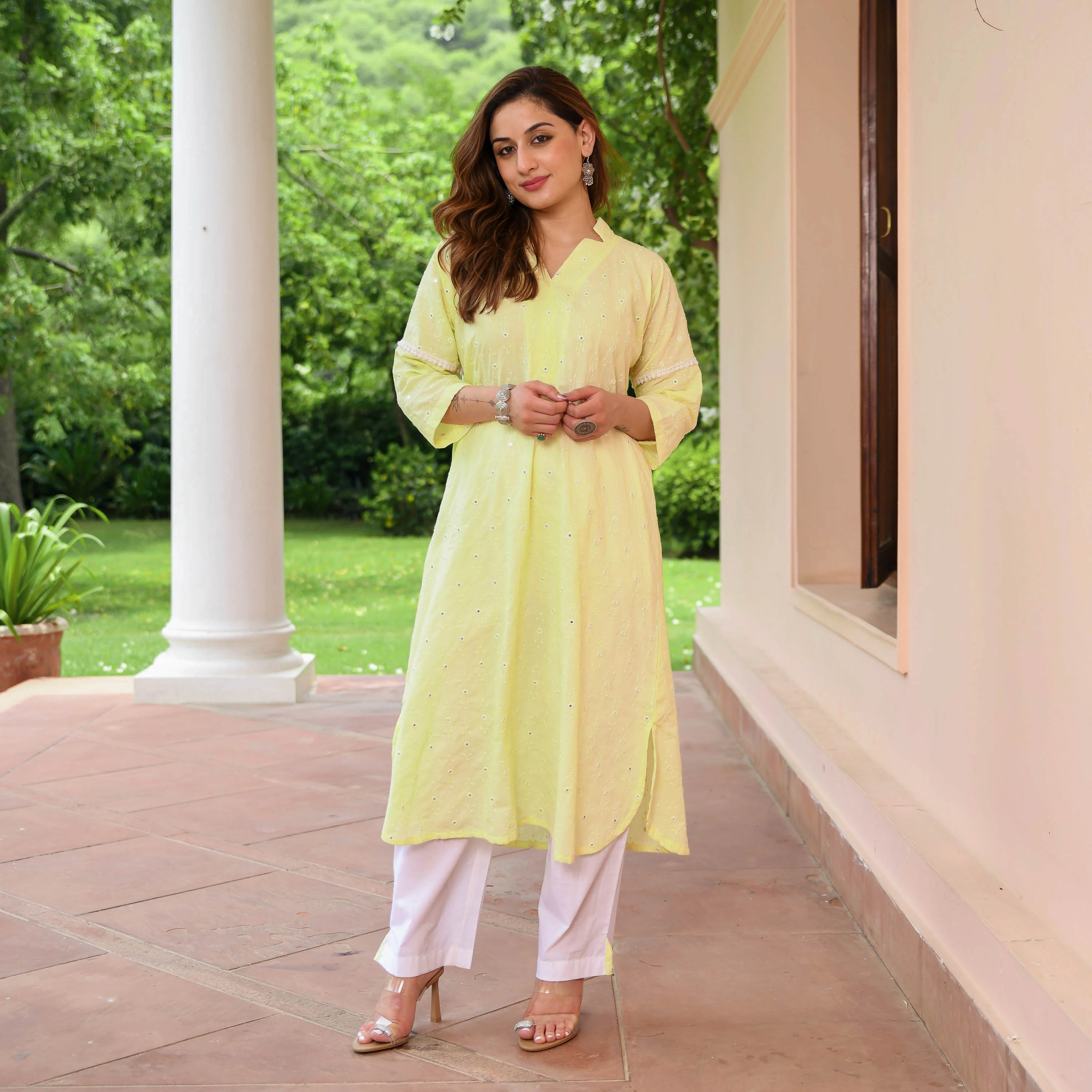 Yellow Embroidered Cotton Kurta Pants - Woolfily