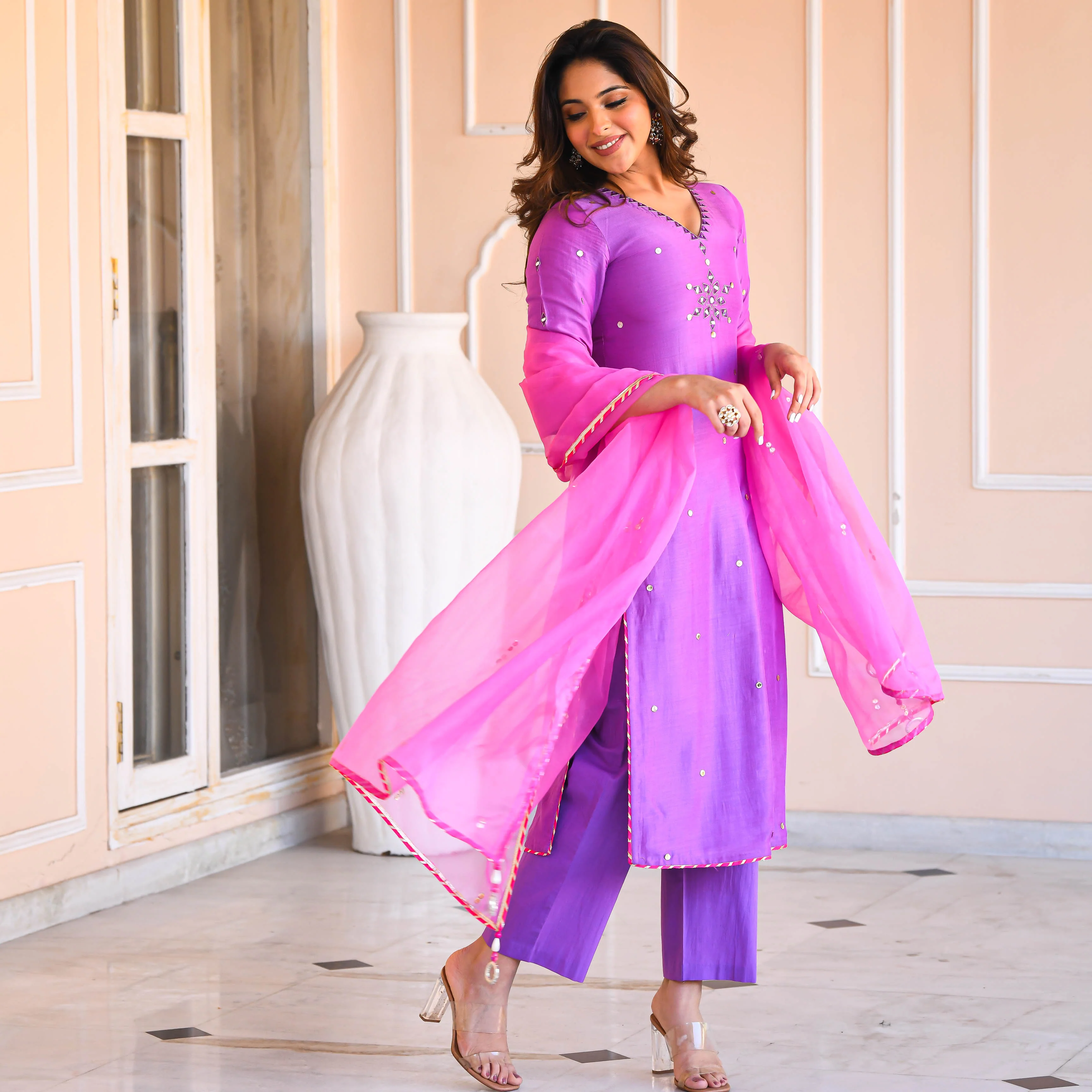 Bunaai Purple Mirror Work Suit Set - Woolfily