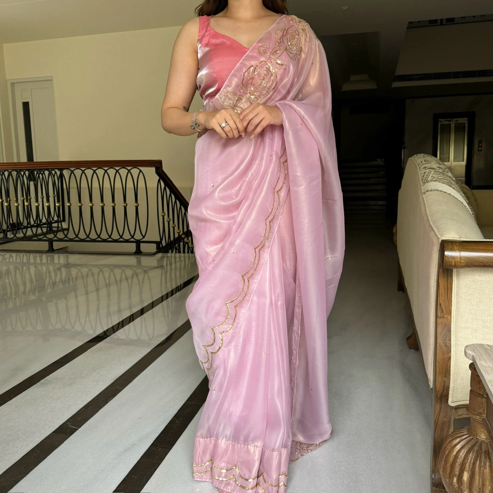 Rosy Pink Tissue Saree - Woolfily