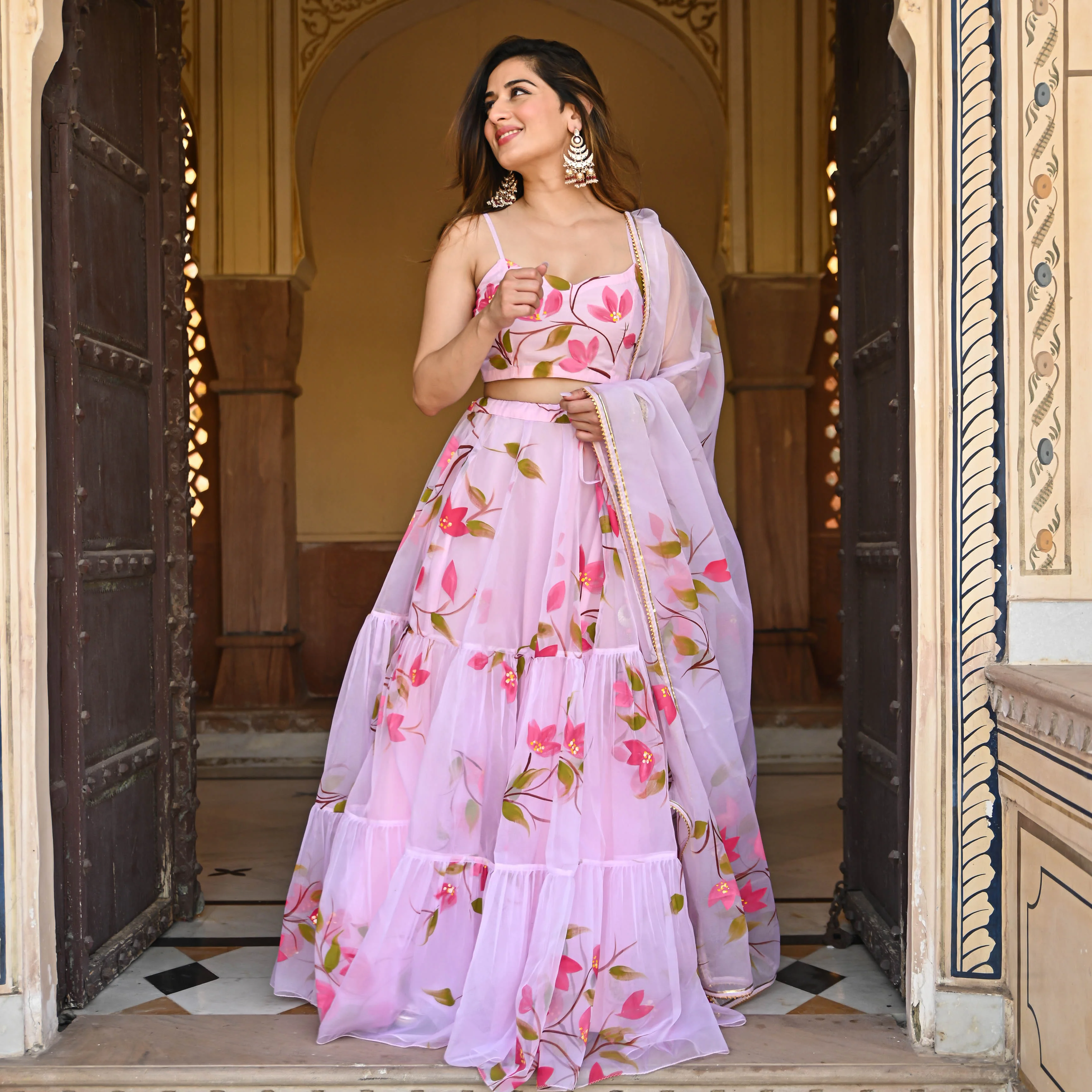 Bunaai Baby Pink Handpainted Lehenga Set - Woolfily