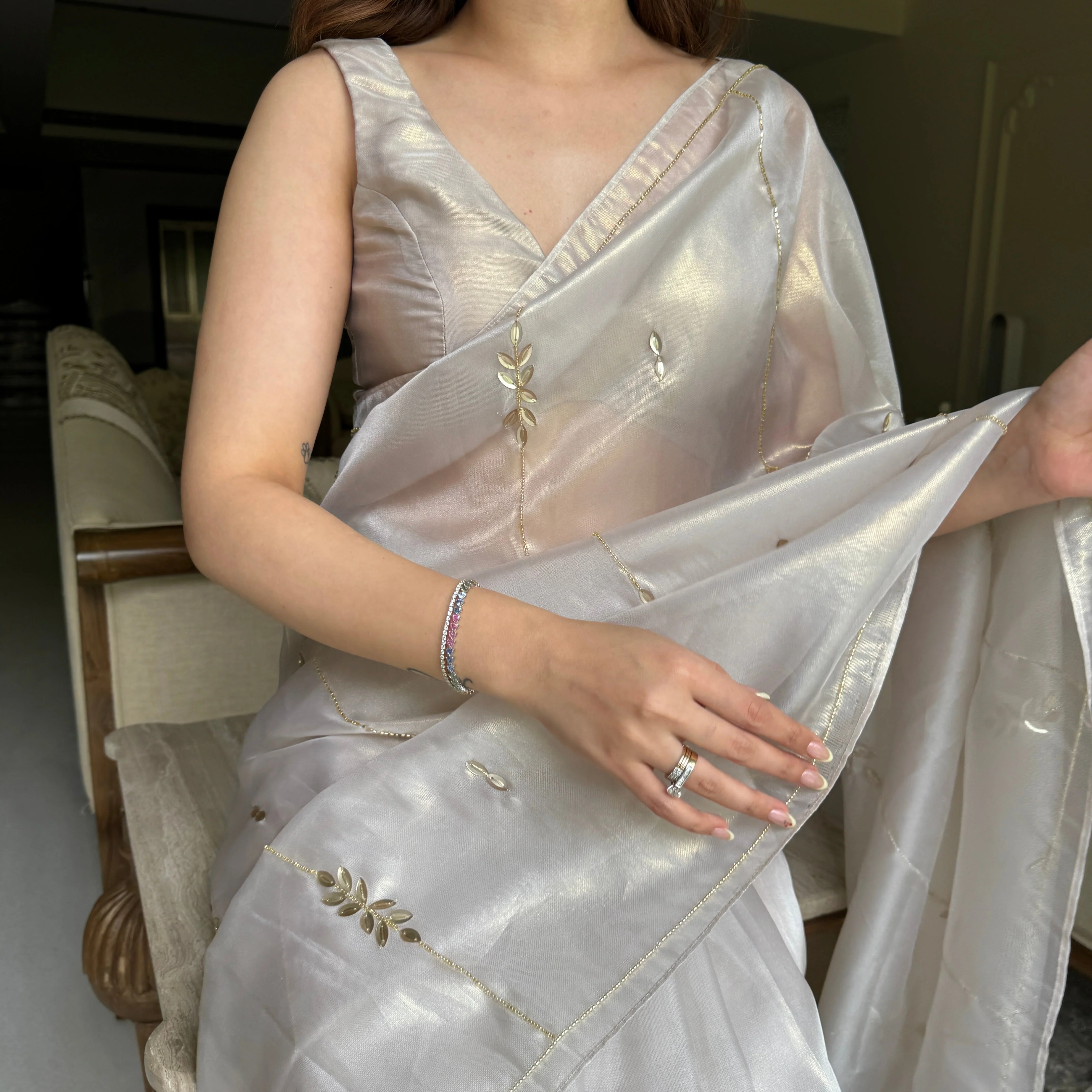Grey Embellished Saree - Woolfily