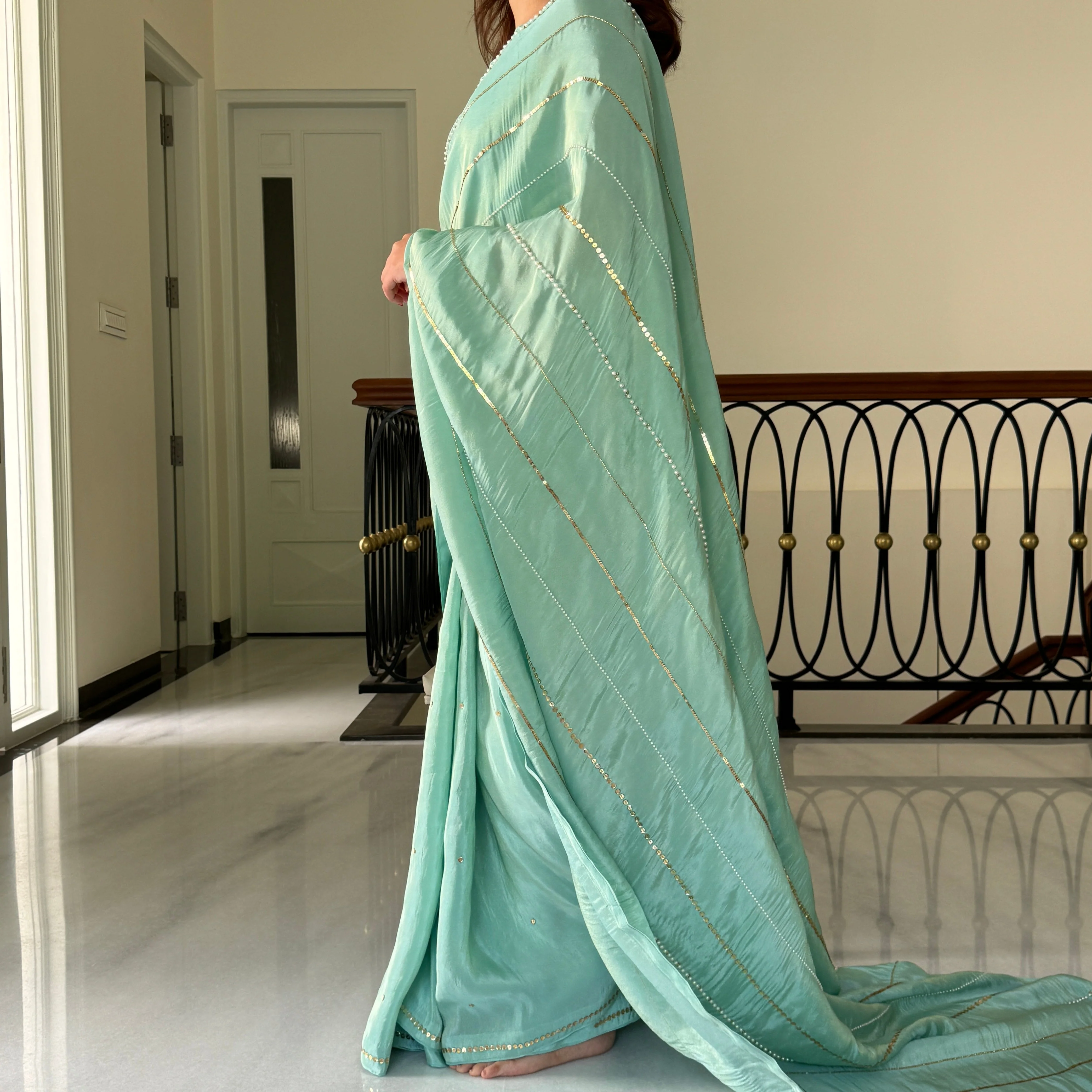 SkyBlue Embroidered Tissue Sare - Woolfily