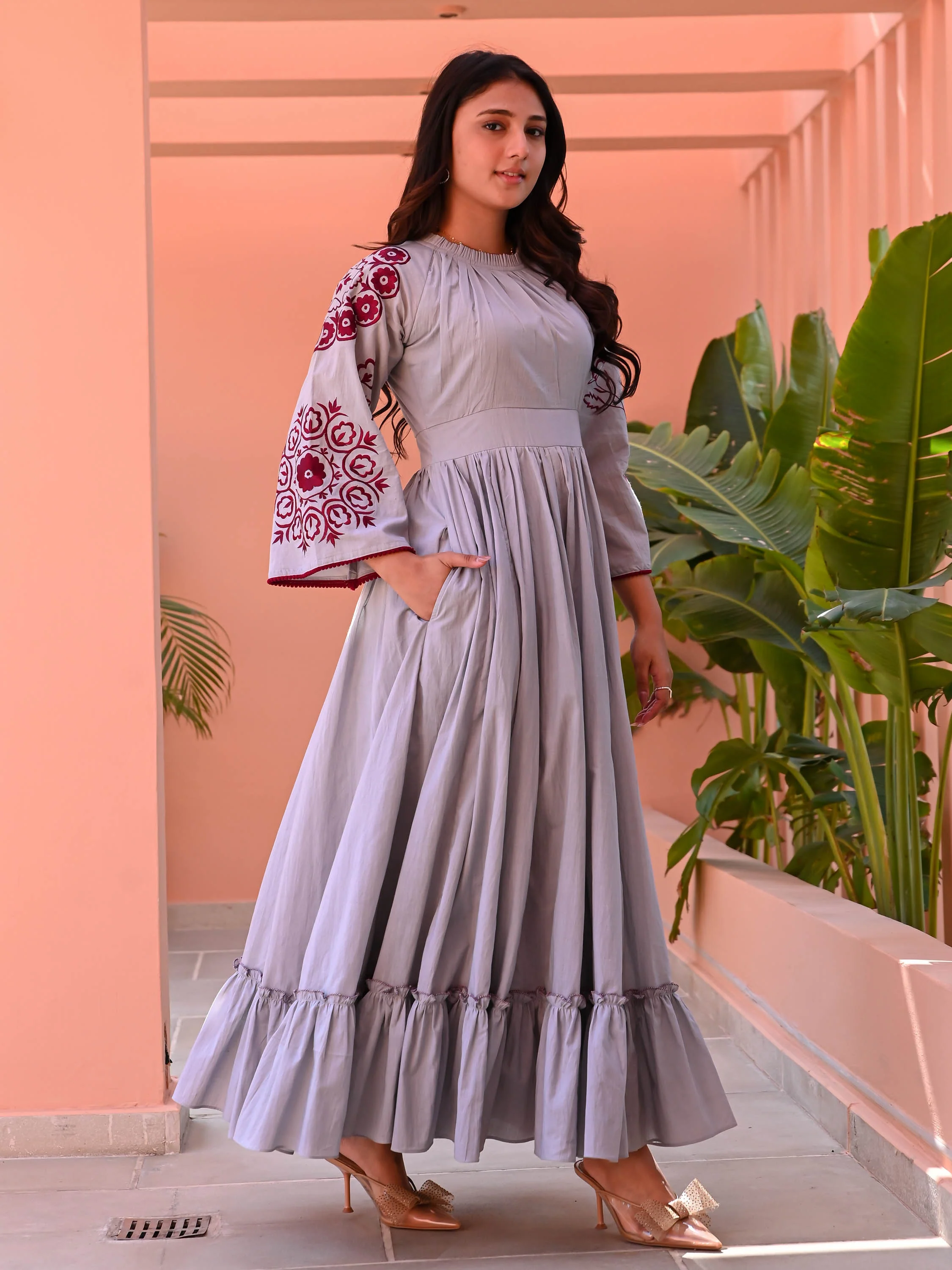 Grey Maroon Embroidered Cotton Dress - Woolfily