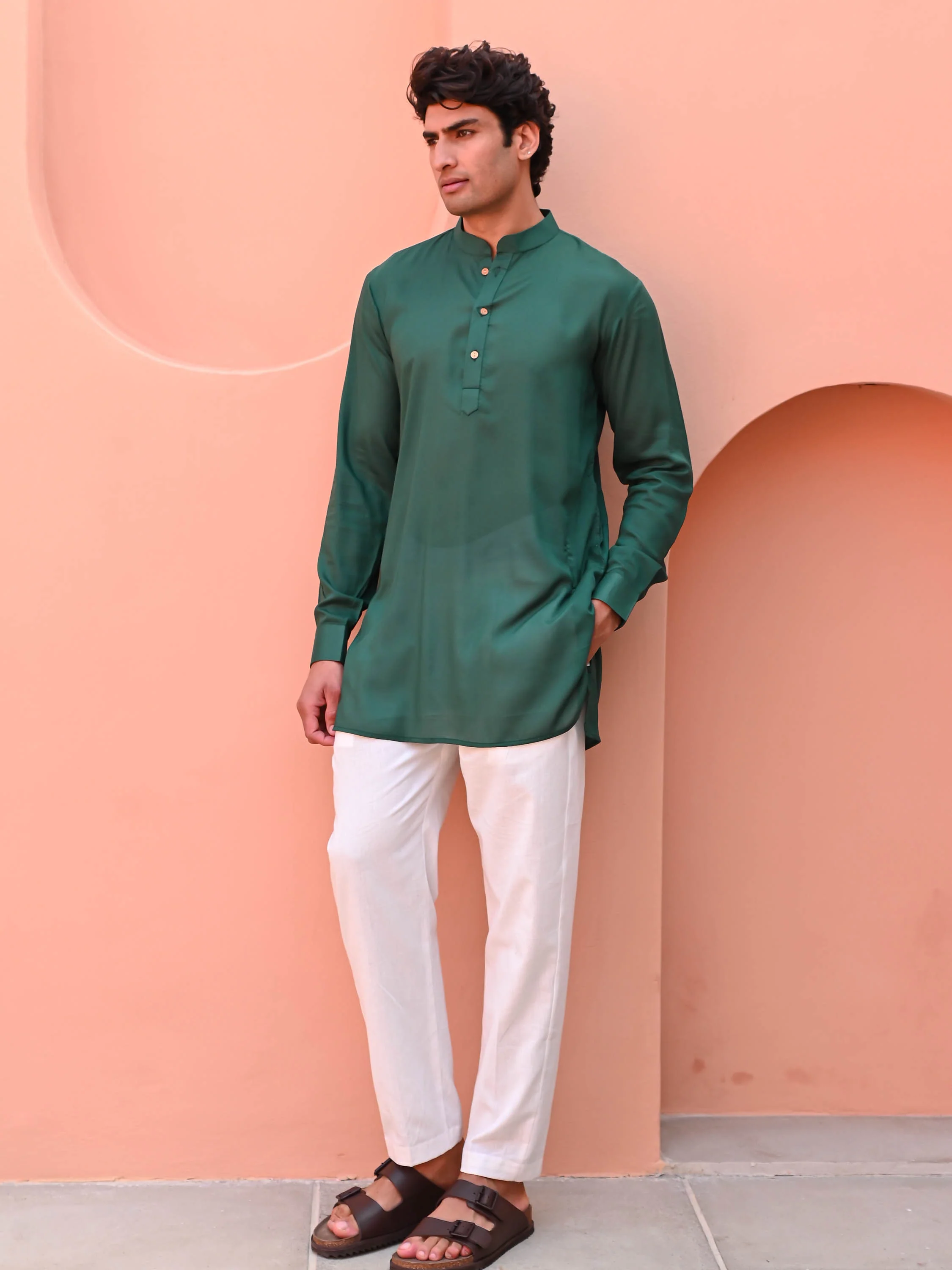 Deep Green Men Short Kurta - Woolfily