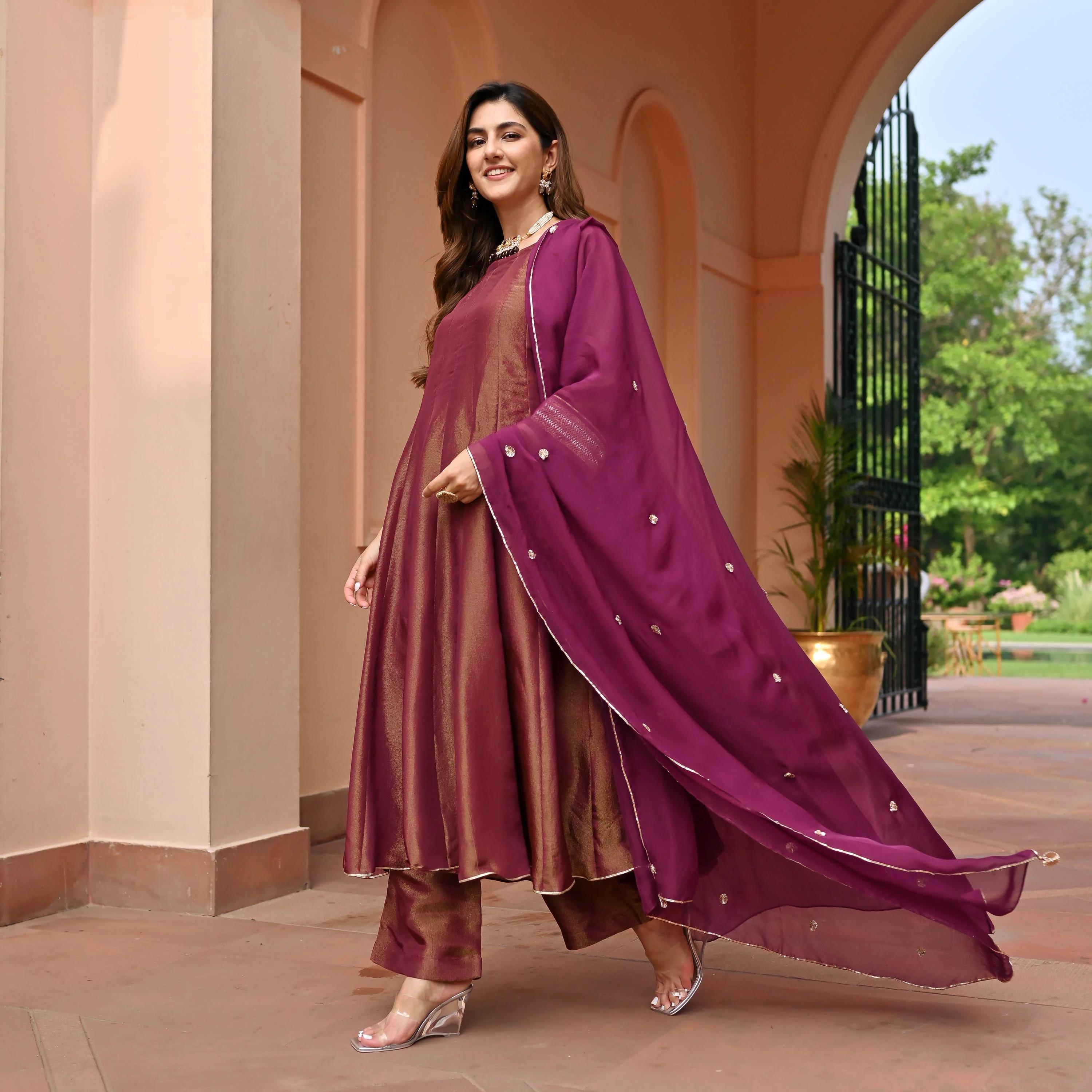 Maroon Tissue Silk Suit Set - Woolfily