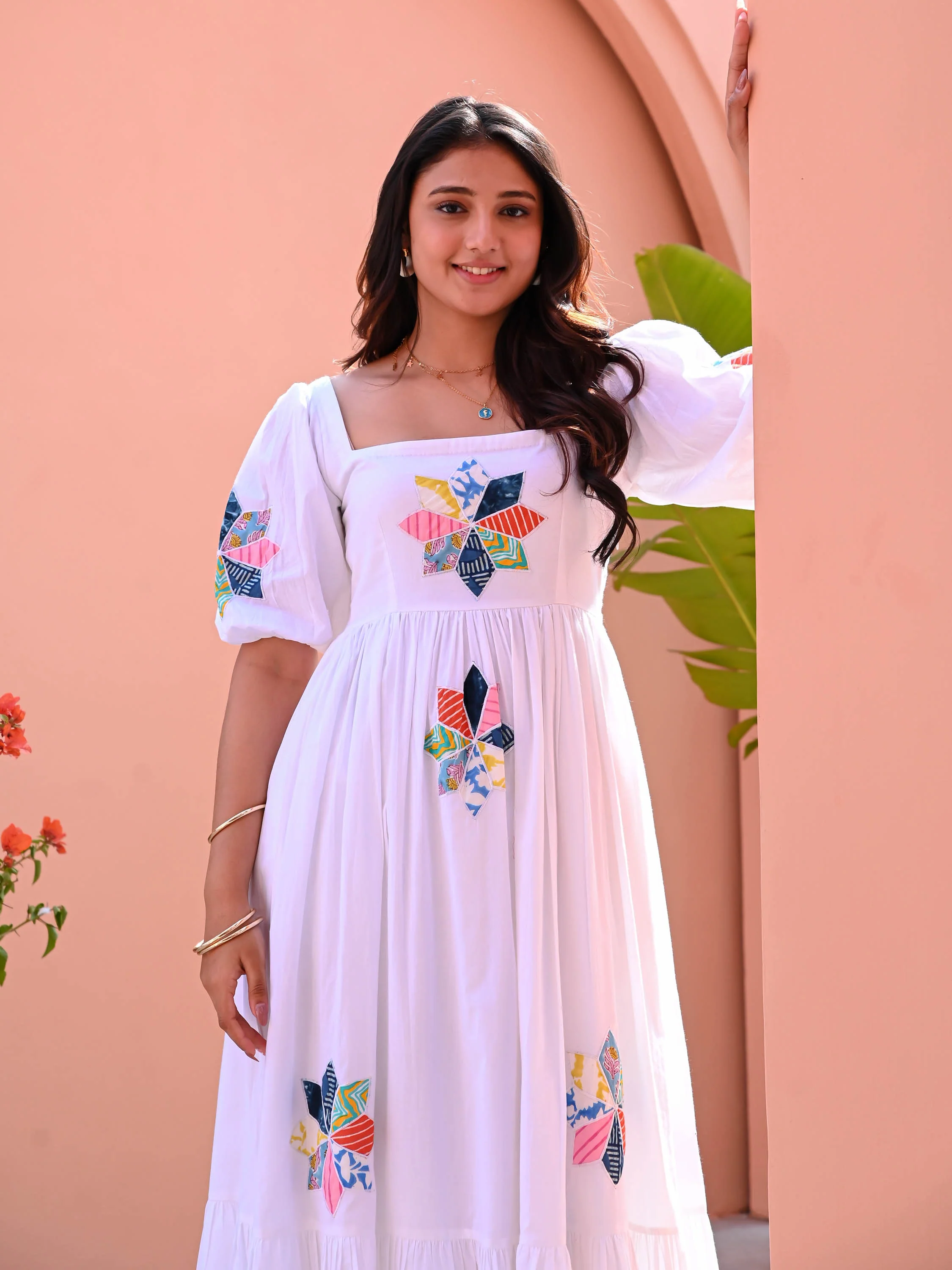 White Flower Patch Cotton Dress - Woolfily