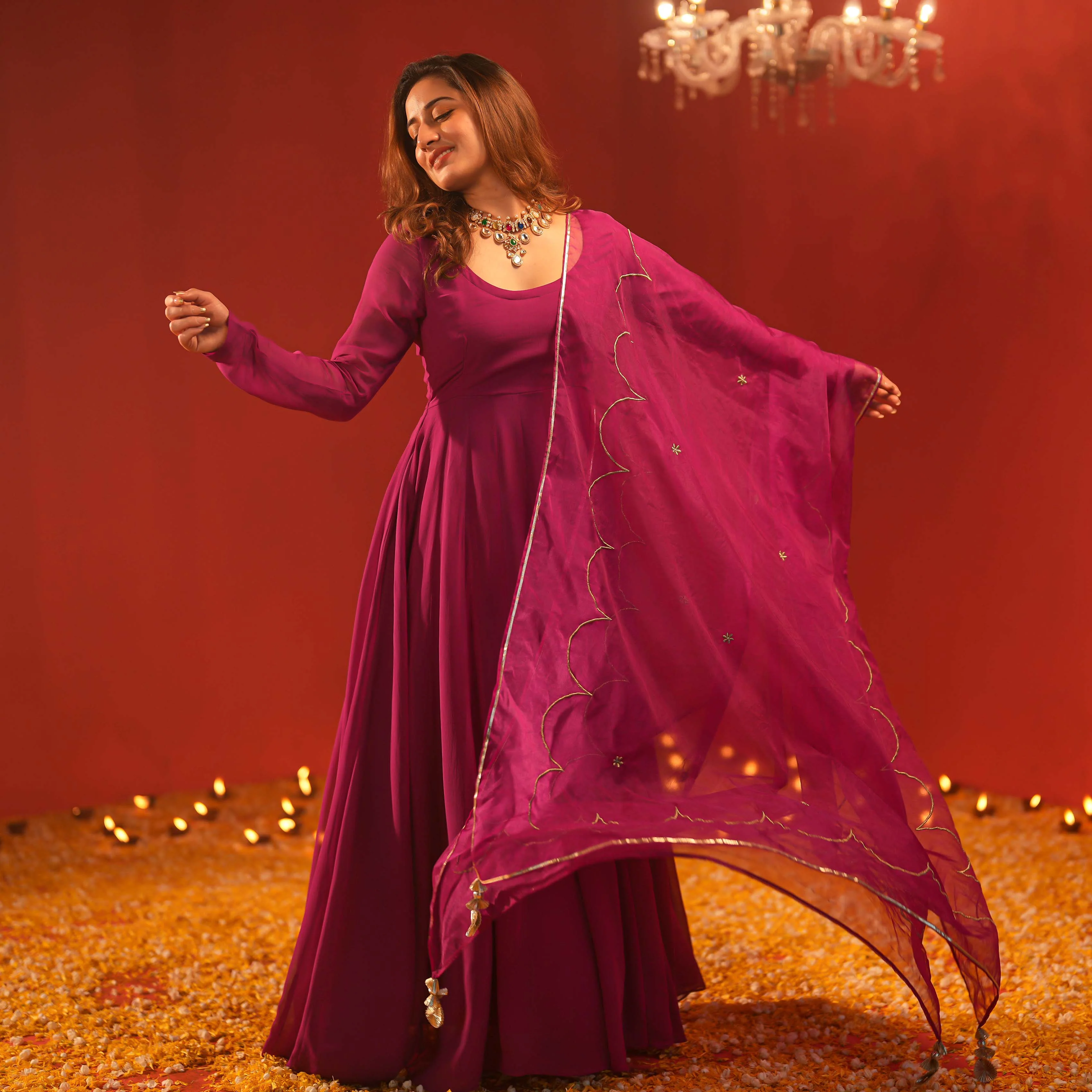 Bunaai Purple Dress with Dupatta - Woolfily
