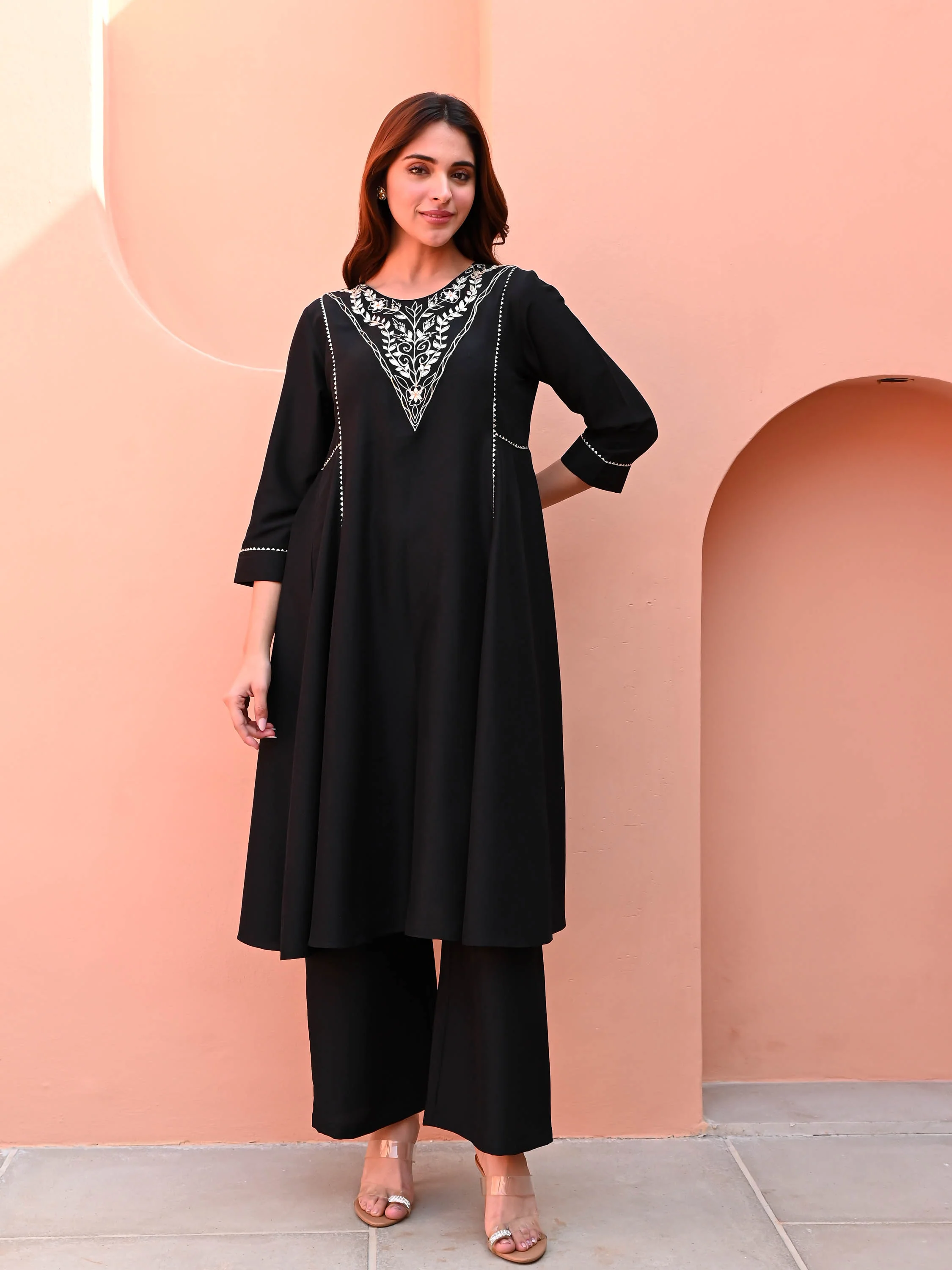 Black Embroidered Silk Kurta Set - Woolfily