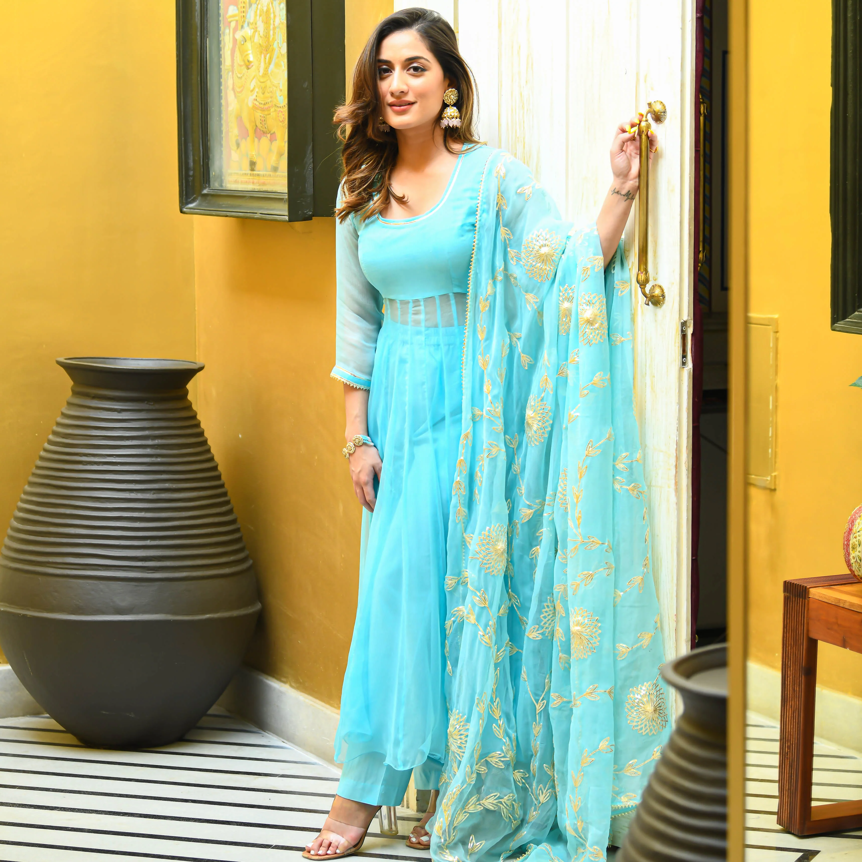 Bunaai Skyblue Gotta Salwar Suit - Woolfily