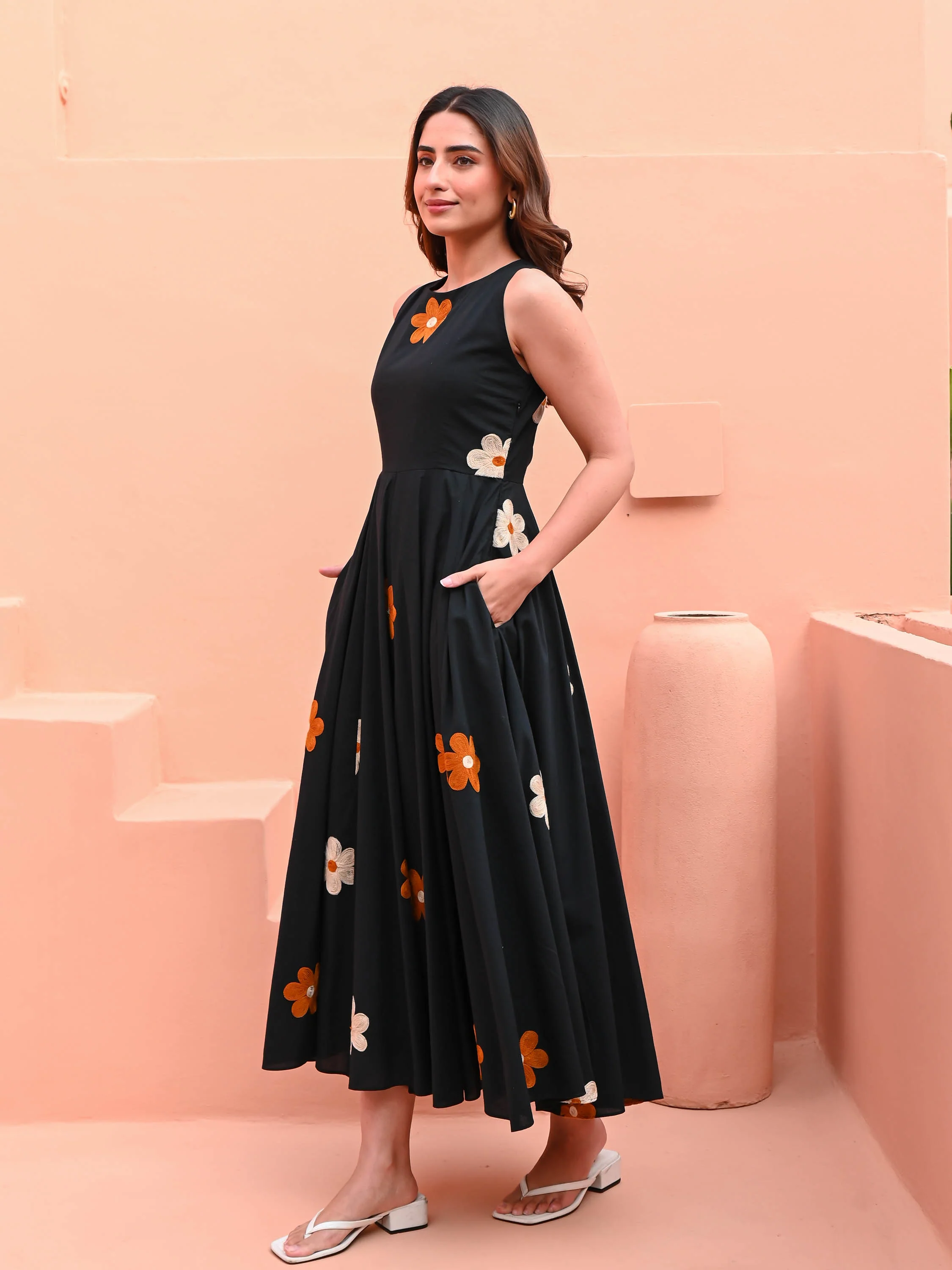 Black Dress with Floral Embroidery - Woolfily