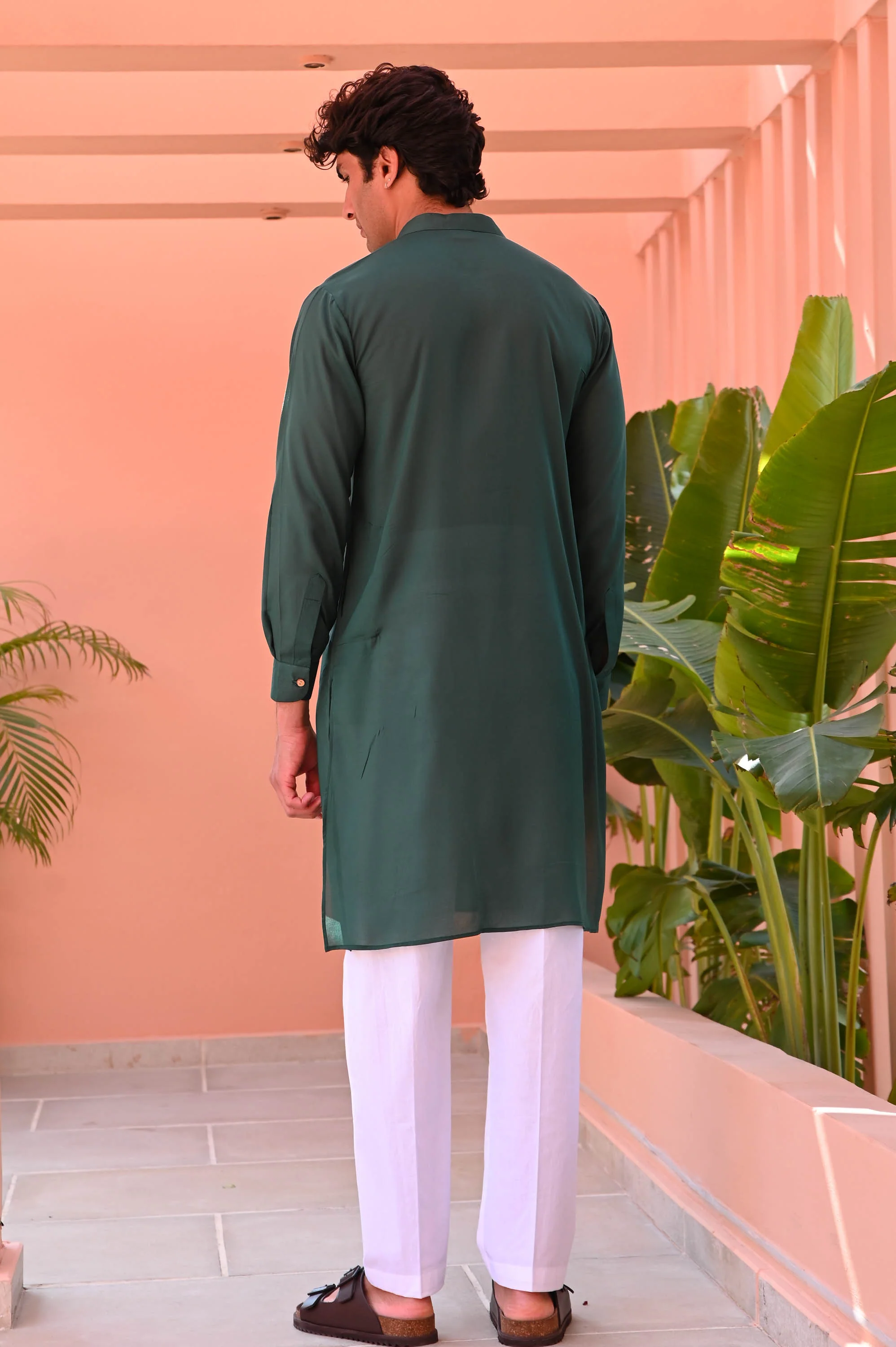 Dark Green Men Long Kurta - Woolfily