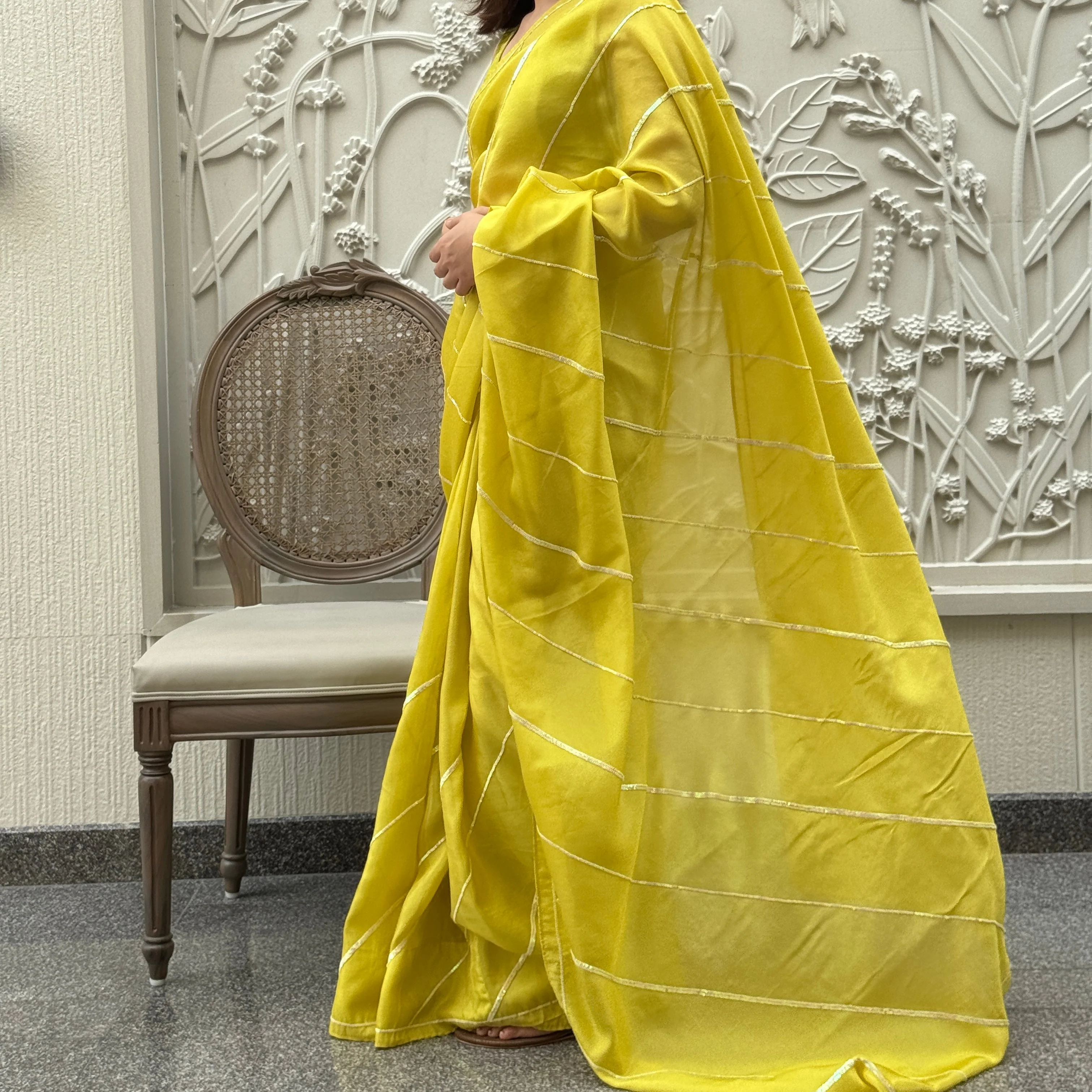 Lime Yellow Tissue Saree - Woolfily