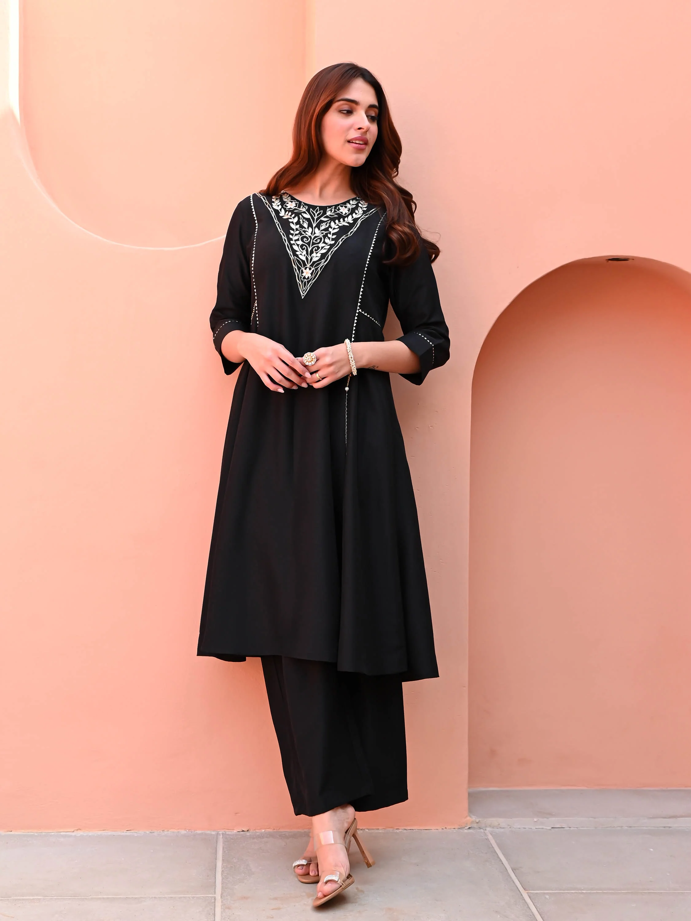 Black Embroidered Silk Kurta Set - Woolfily