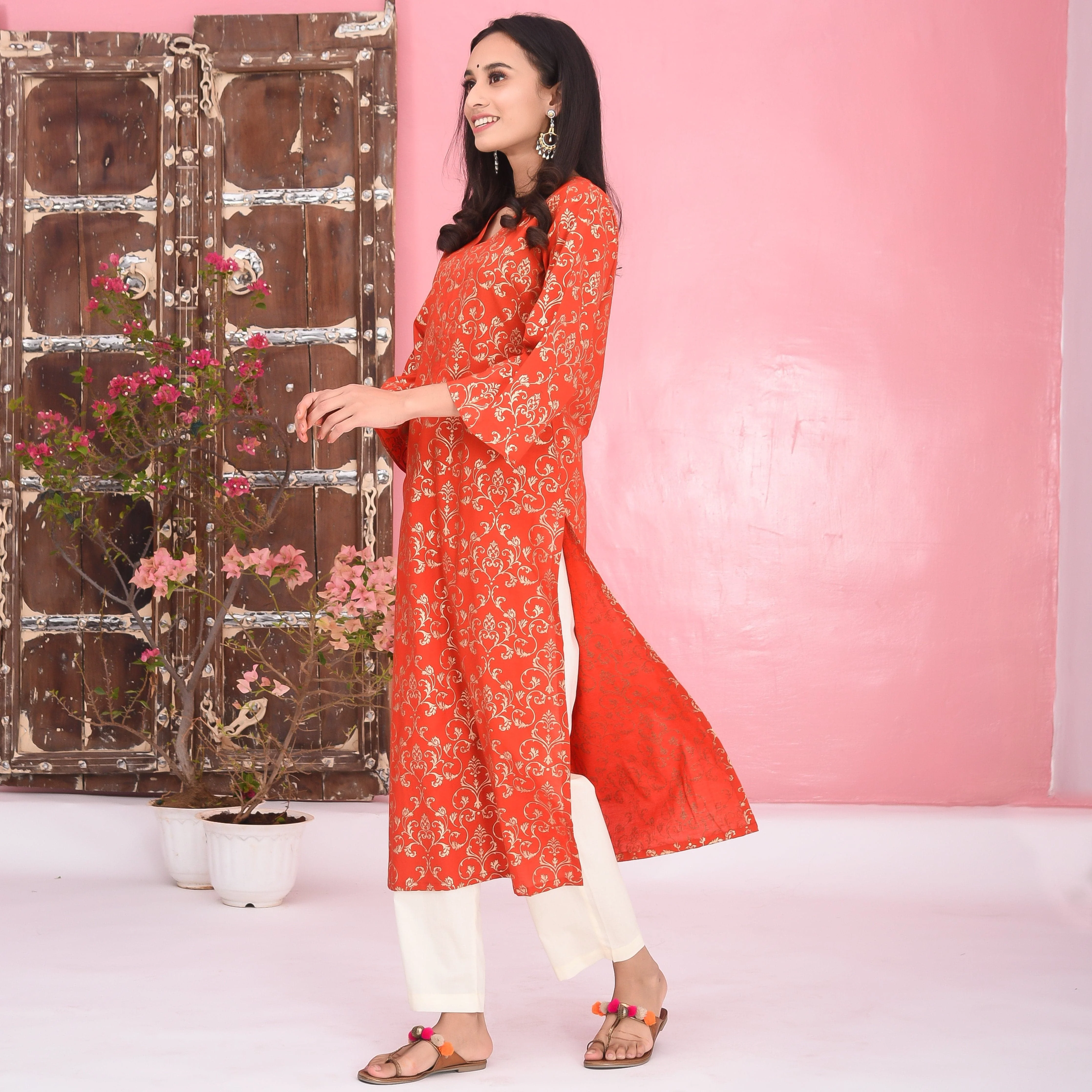 Red Cream Cotton Kurta - Woolfily