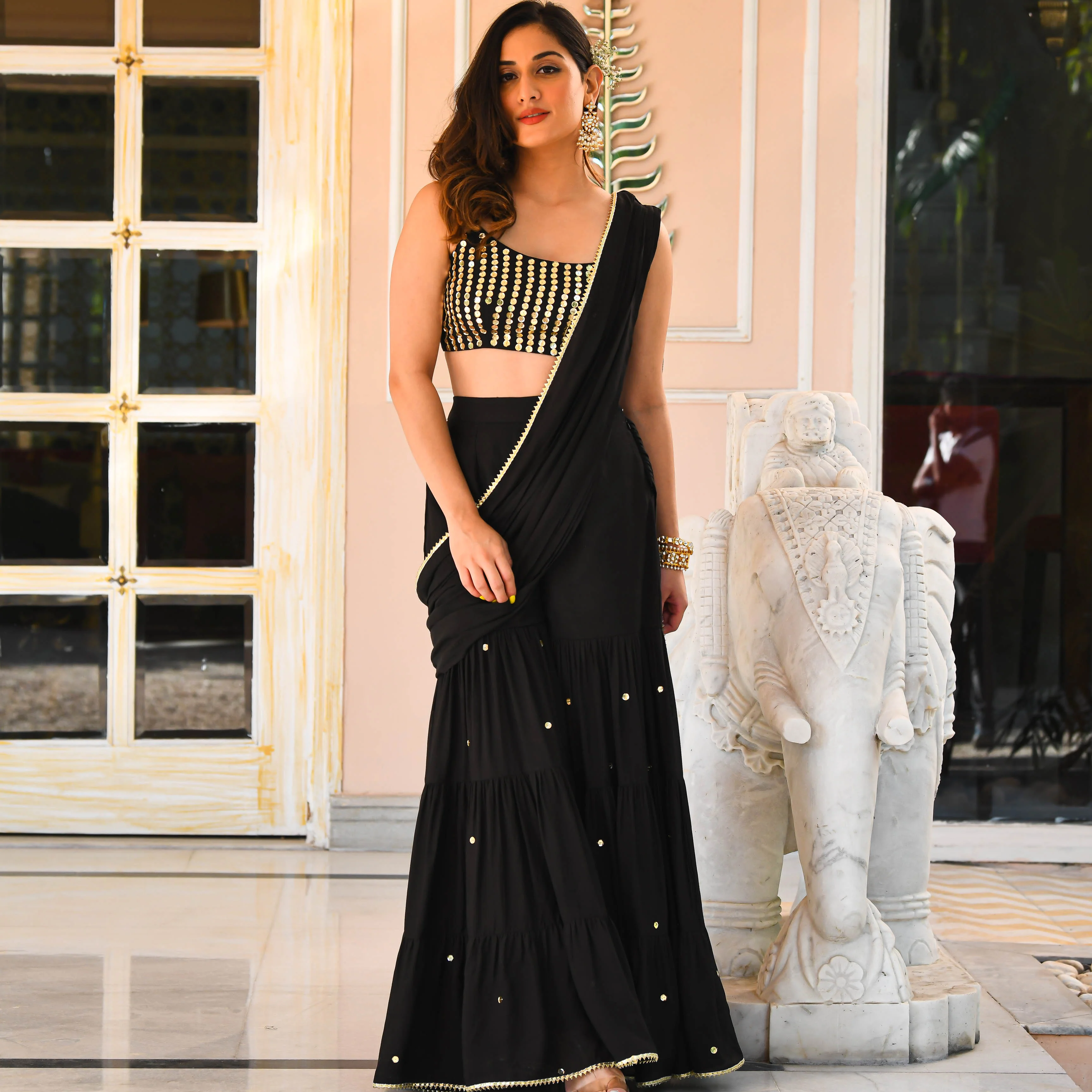 Bunaai Black Draped Saree - Woolfily
