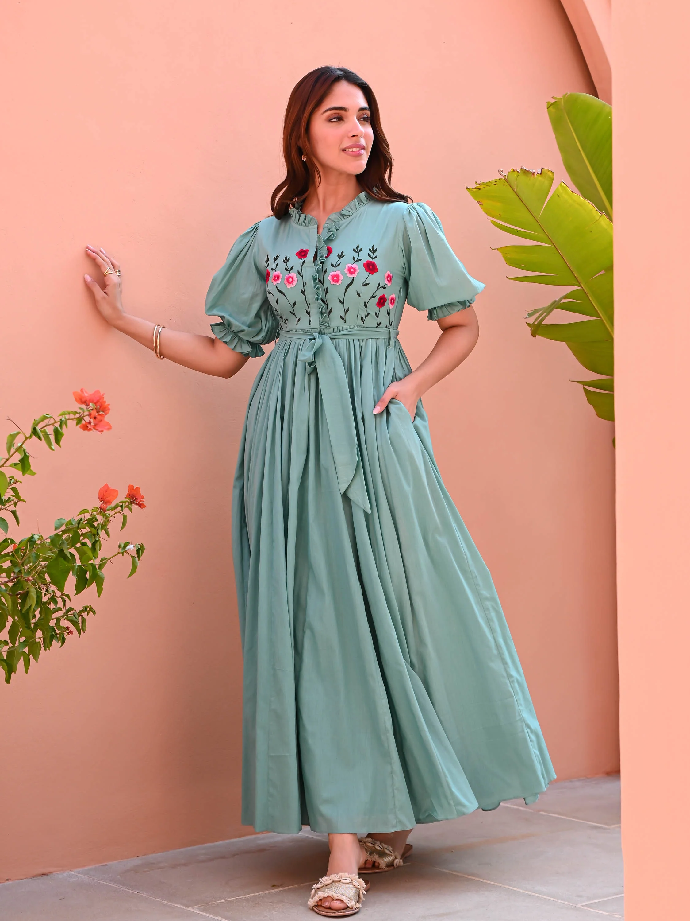 Mint Embroidered Cotton Dress - Woolfily