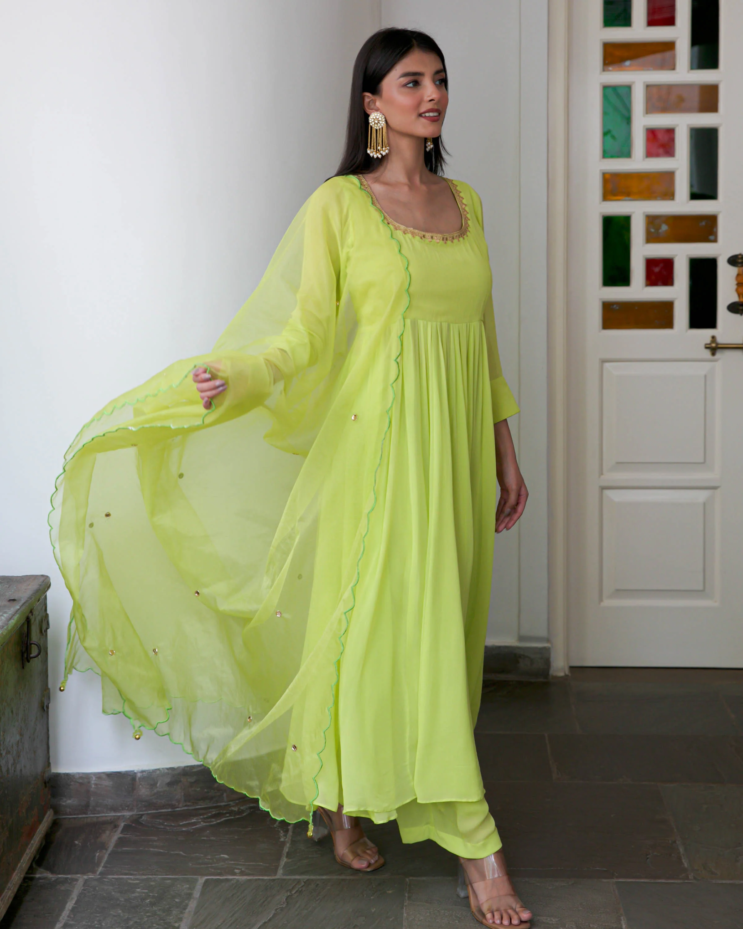 Lime Green Georgette Suit Set - Woolfily