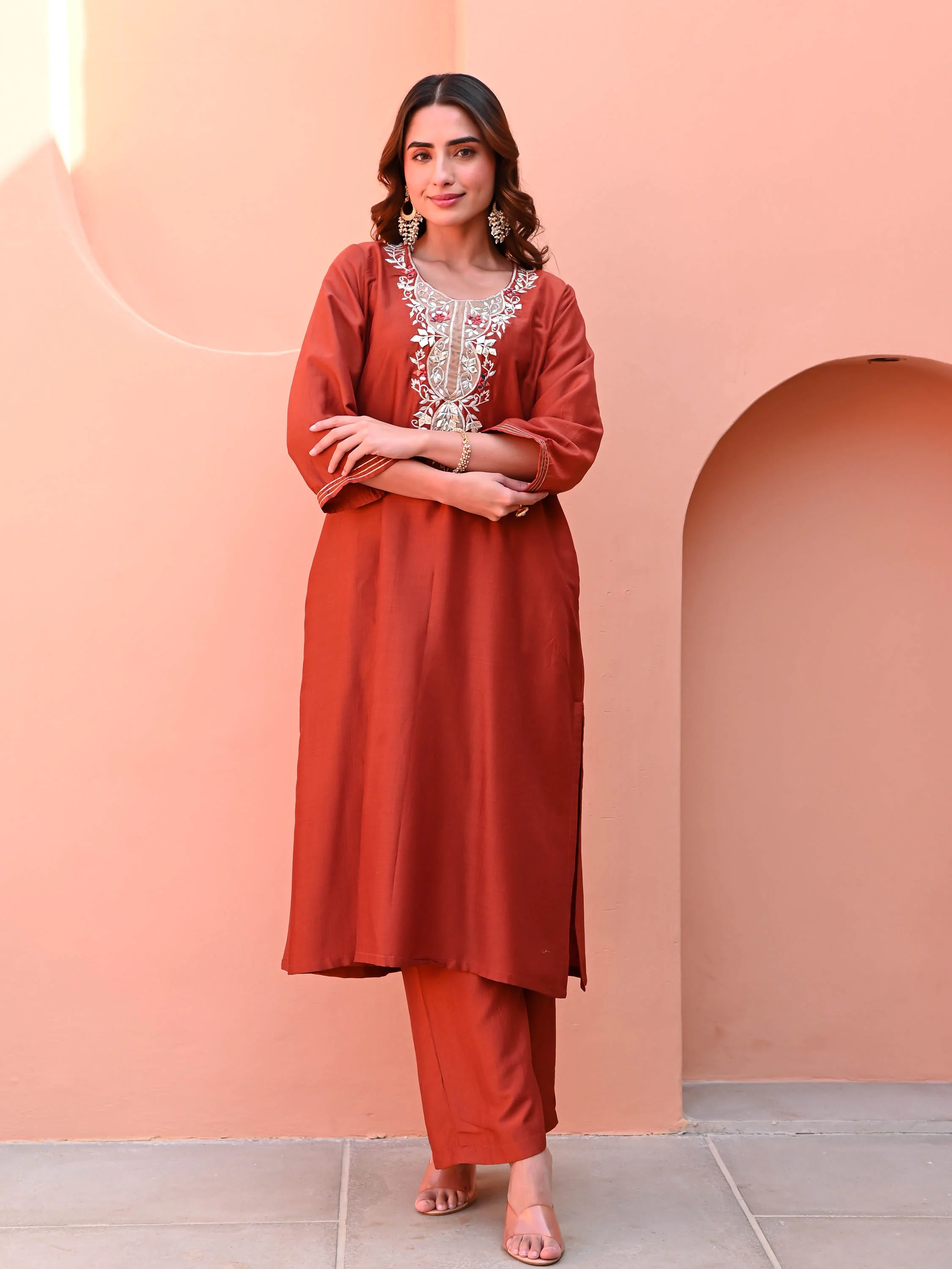 Burnt Orange Silk Kurta Set - Woolfily