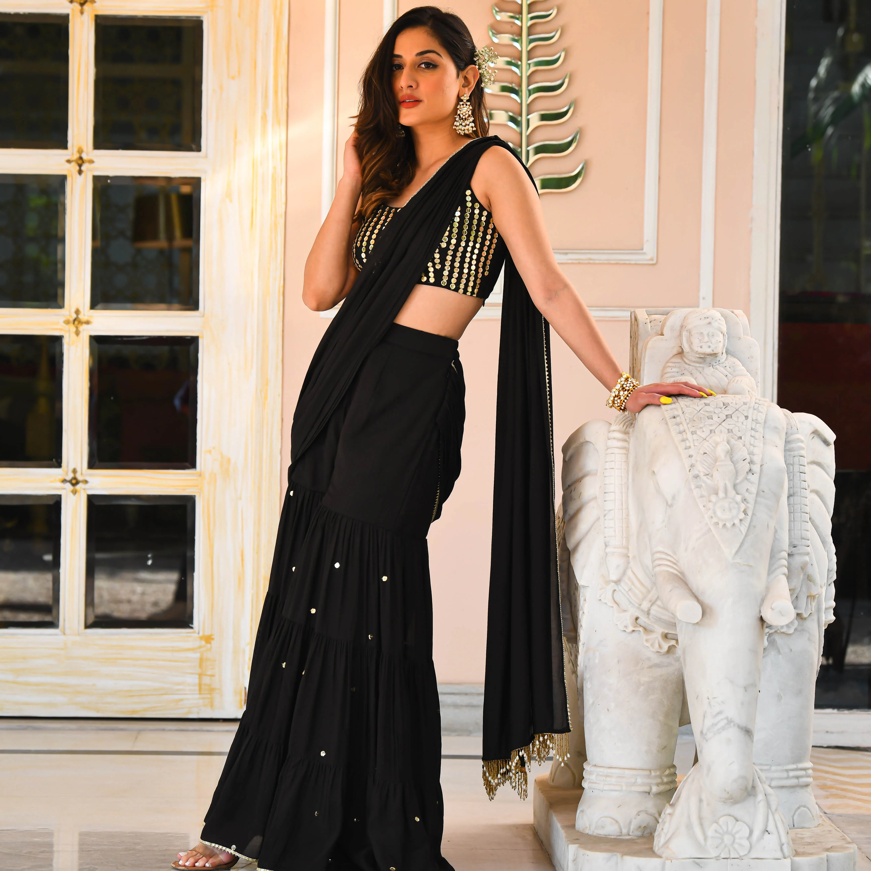 Bunaai Black Draped Saree - Woolfily