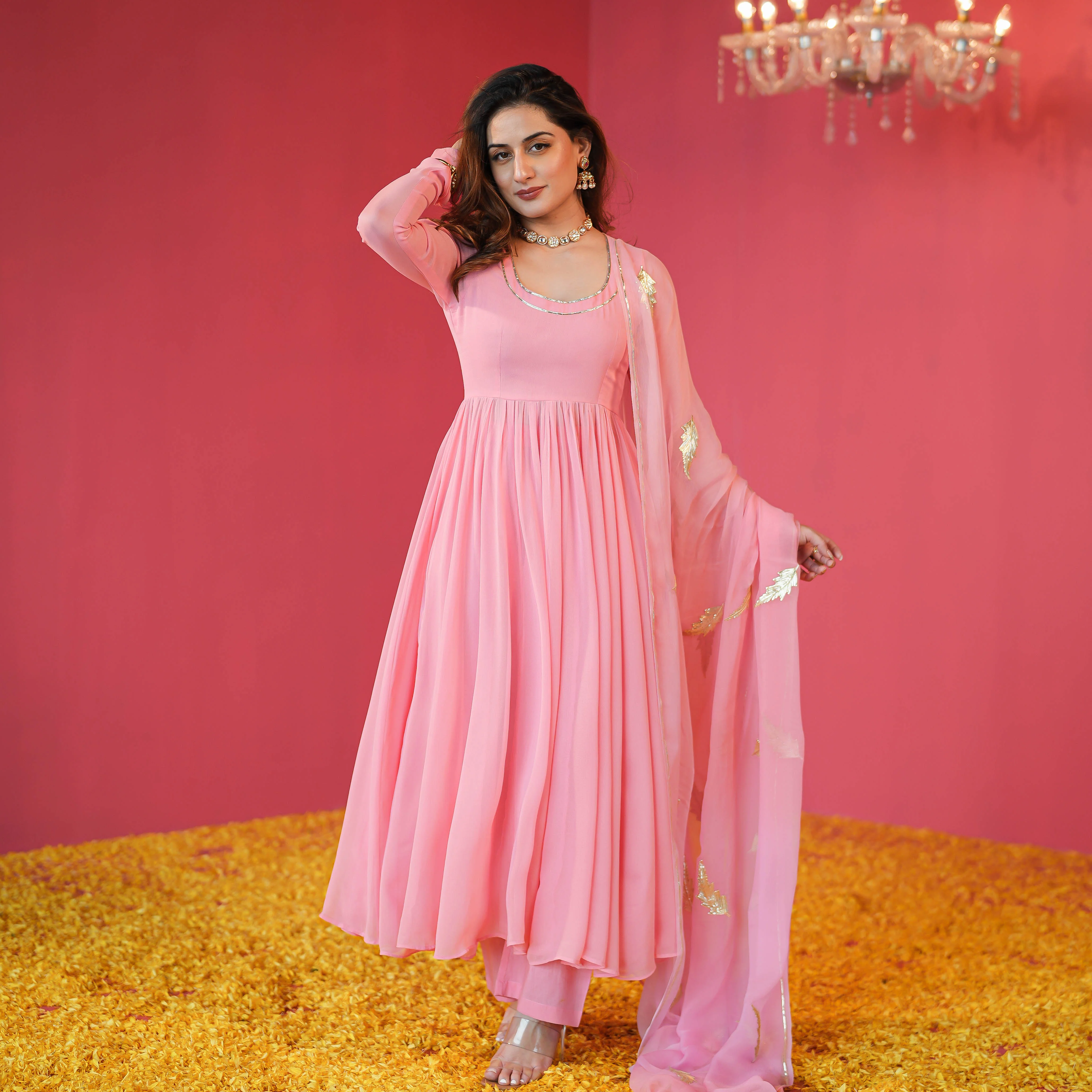 Bunaai Rosy Pink Georgette Suit Set - Woolfily