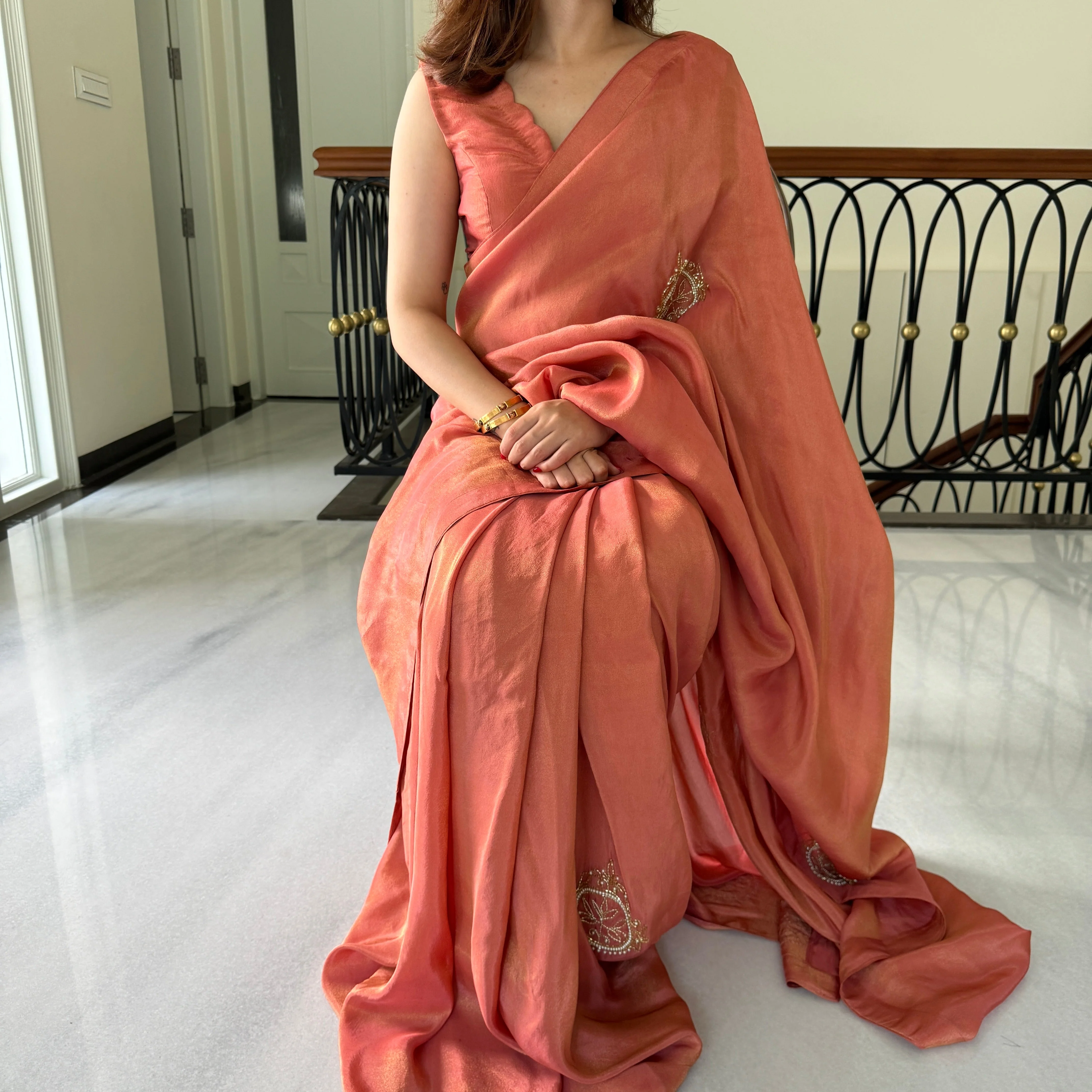 Orange Chandbali Embroidery Saree - Woolfily