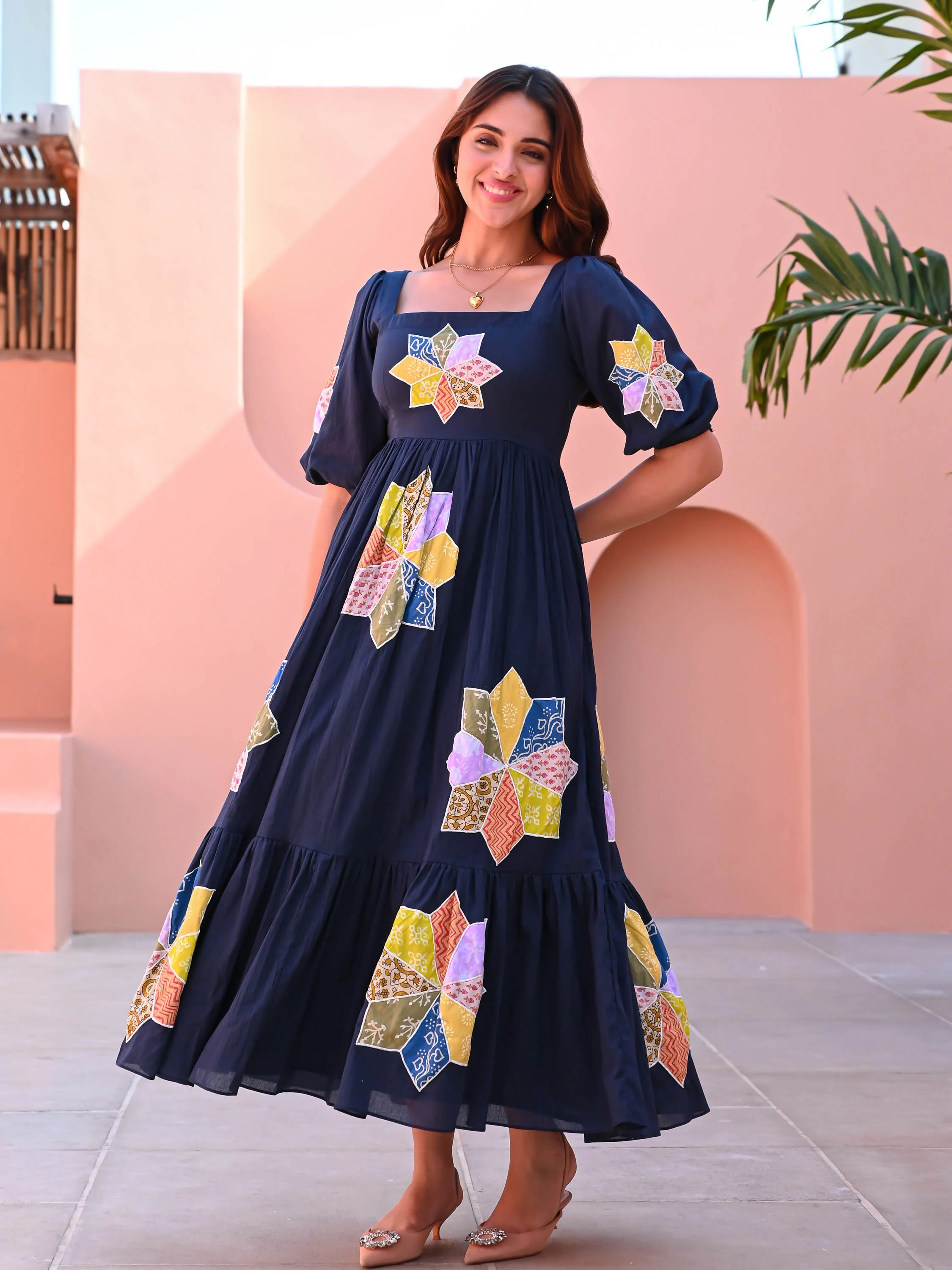 Blue Patchwork Cotton Dress - Woolfily