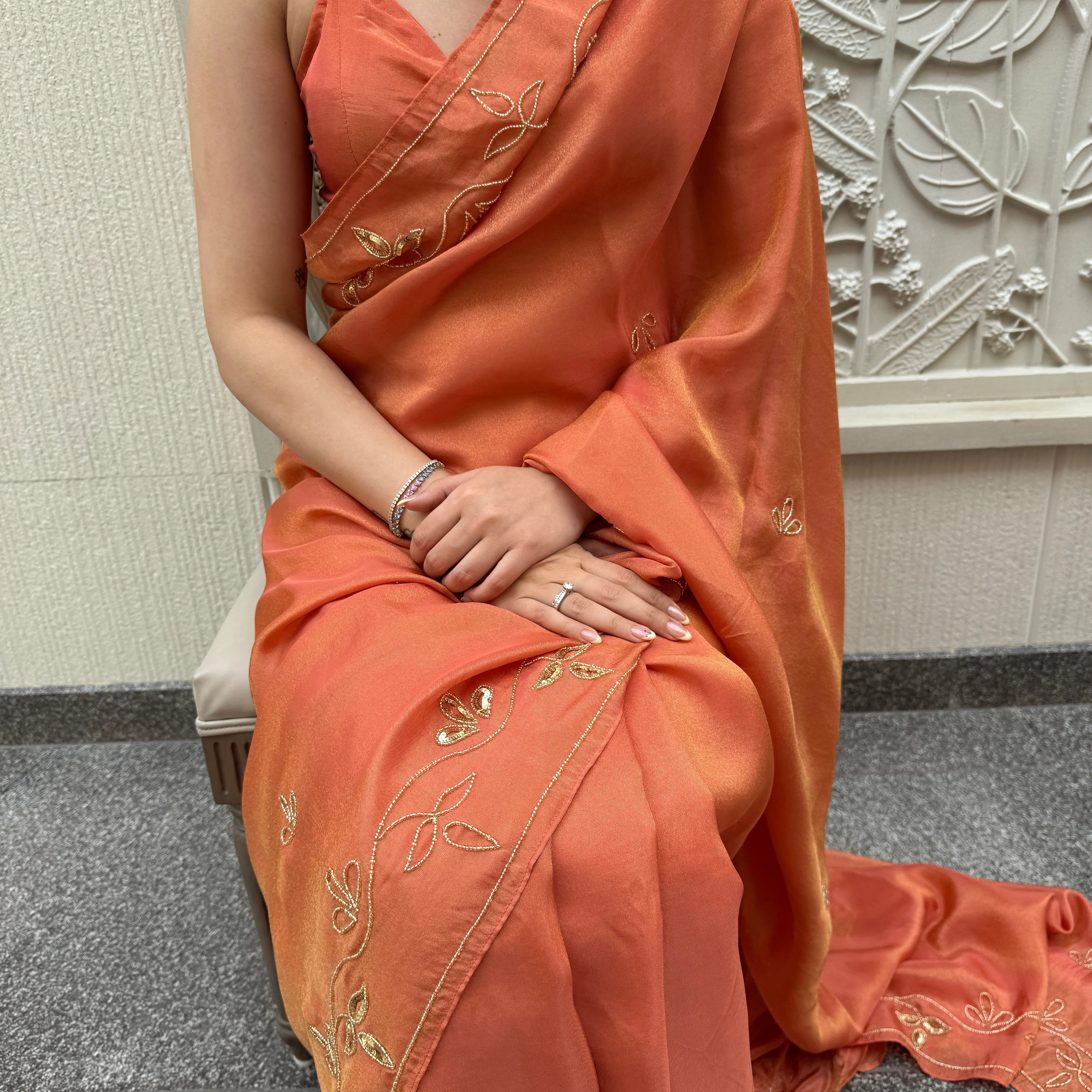 Bright Orange Tissue Saree - Woolfily