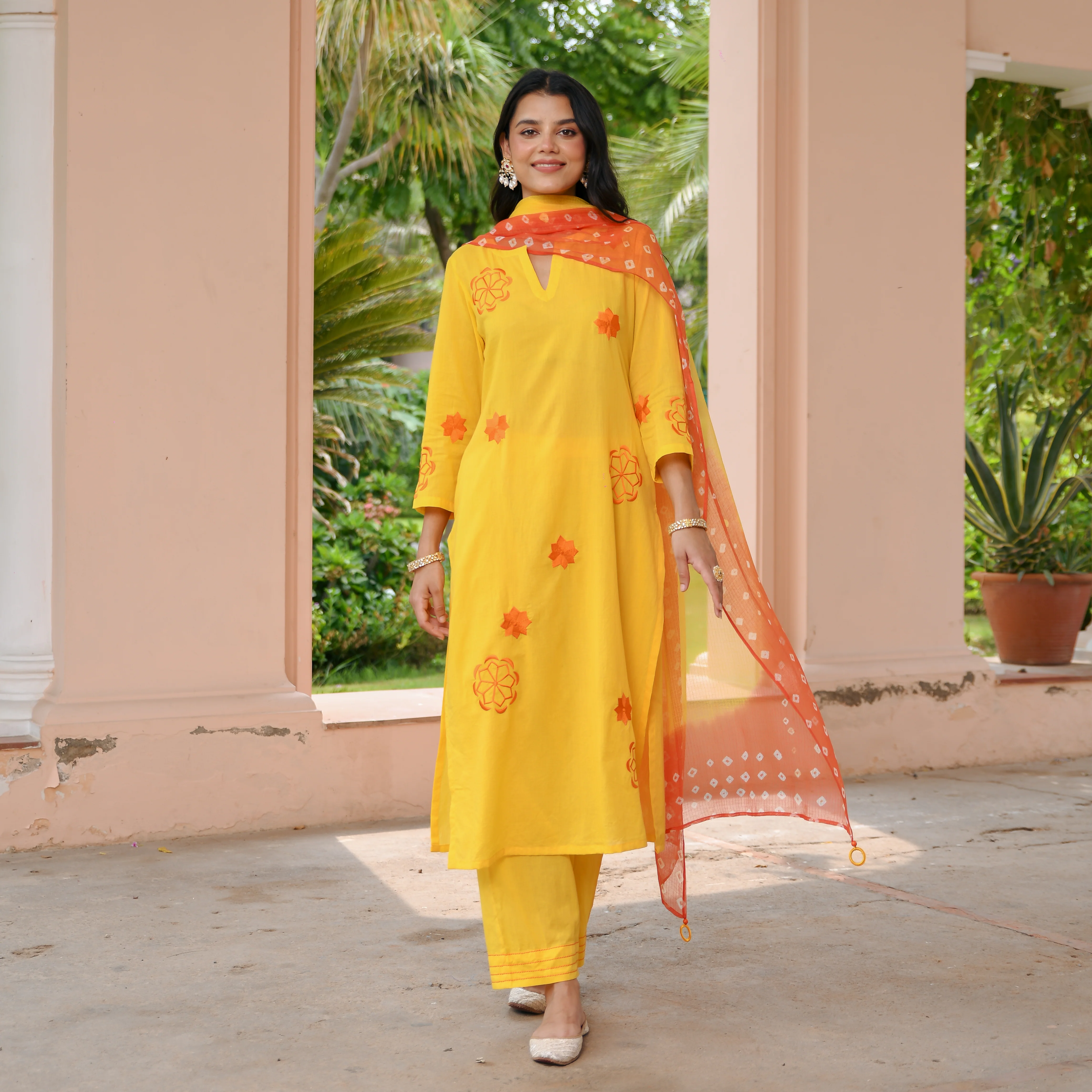 Yellow Bandhej Cotton Suit Set - Woolfily