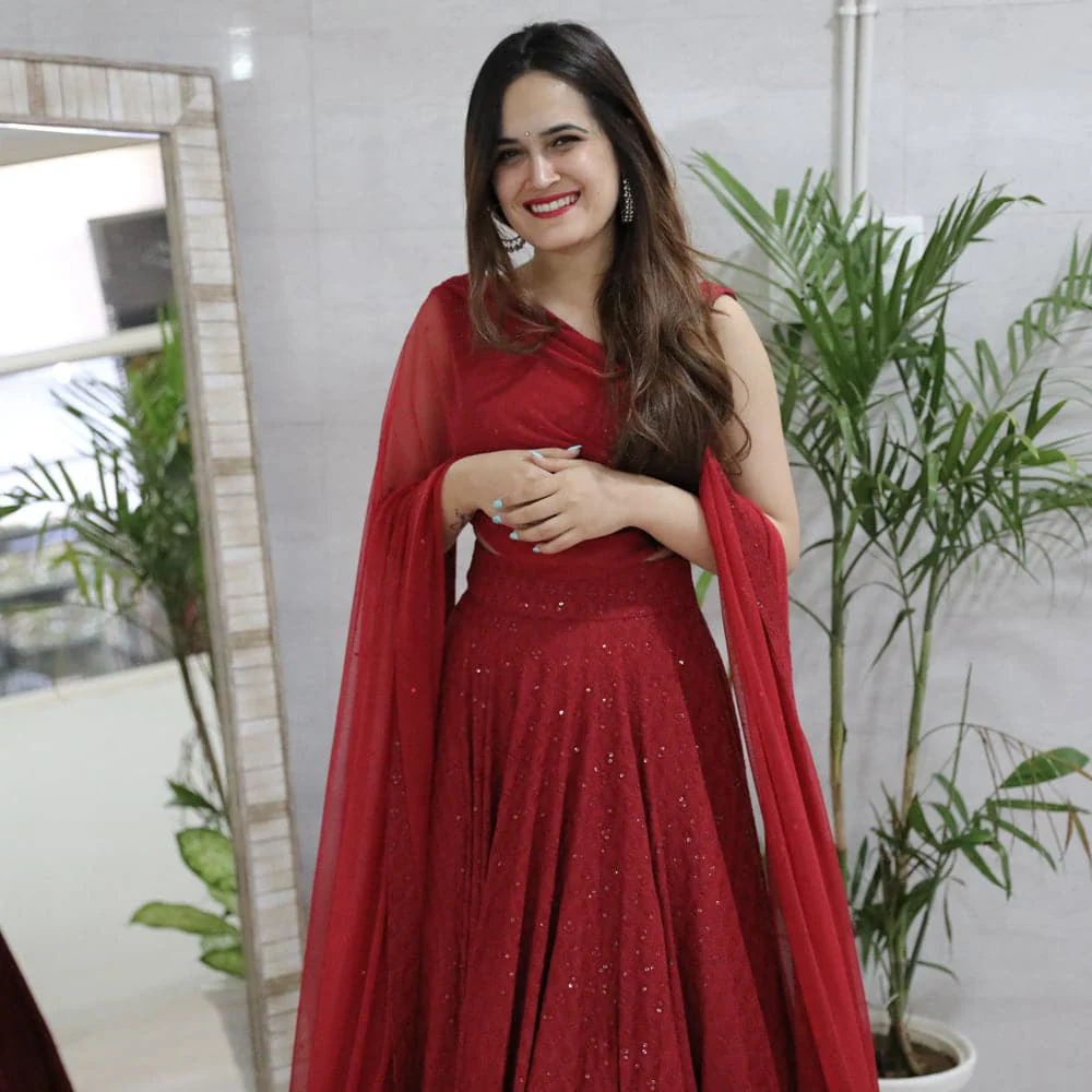 Bunaai Maroon Chikankari Lehenga Set - Woolfily