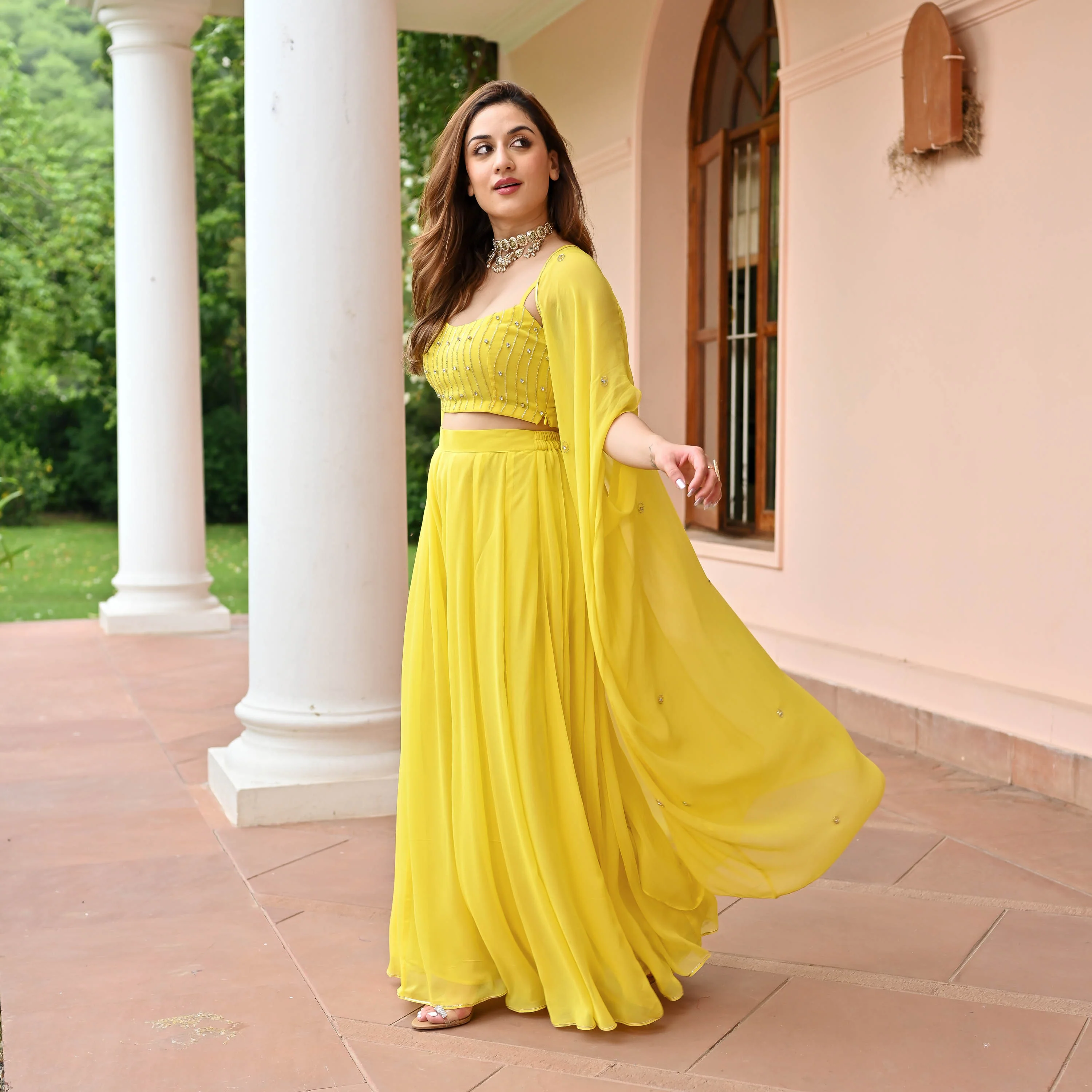 Yellow Timeless Georgette Cape Pants Set - Woolfily
