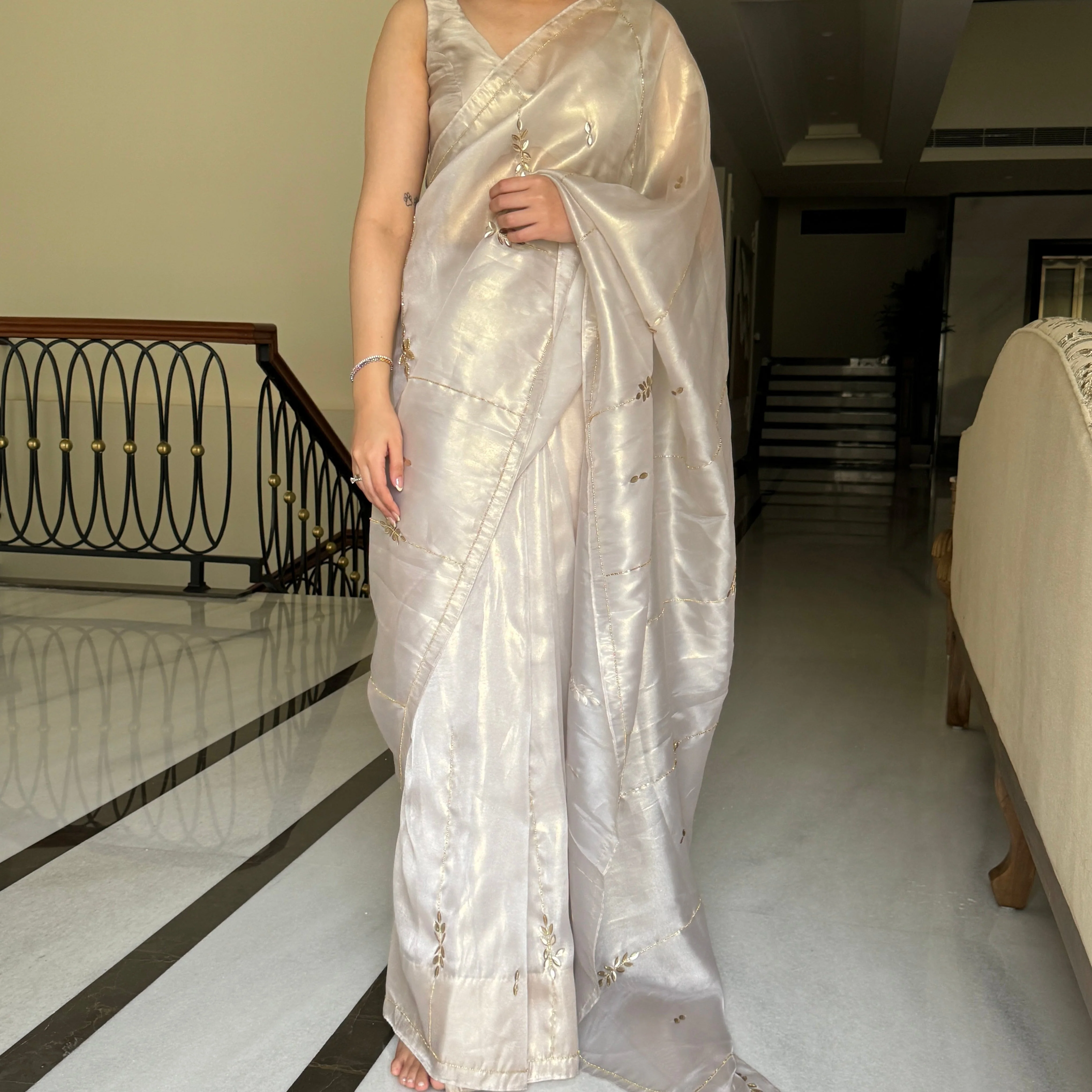 Grey Embellished Saree - Woolfily