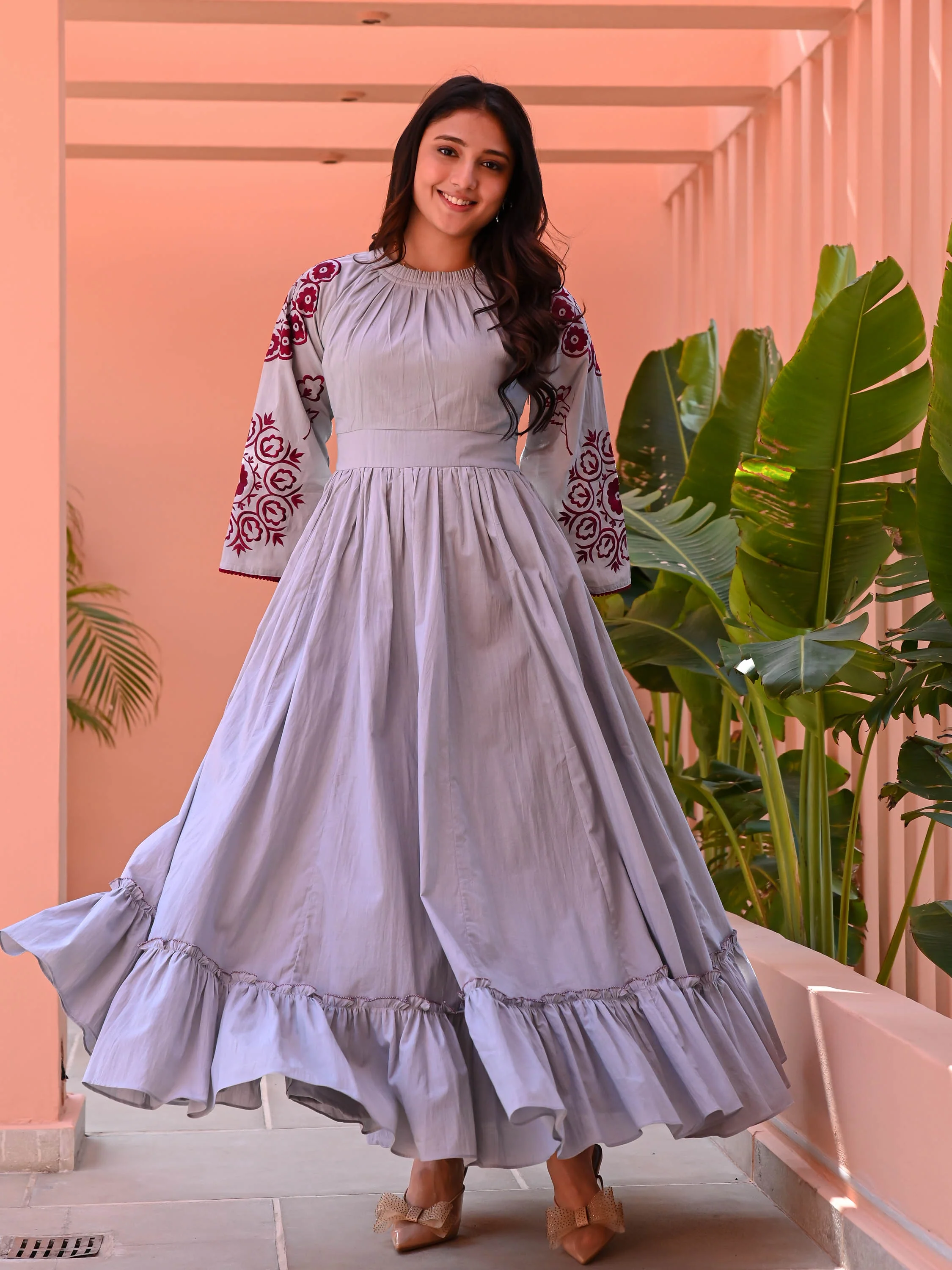 Grey Maroon Embroidered Cotton Dress - Woolfily