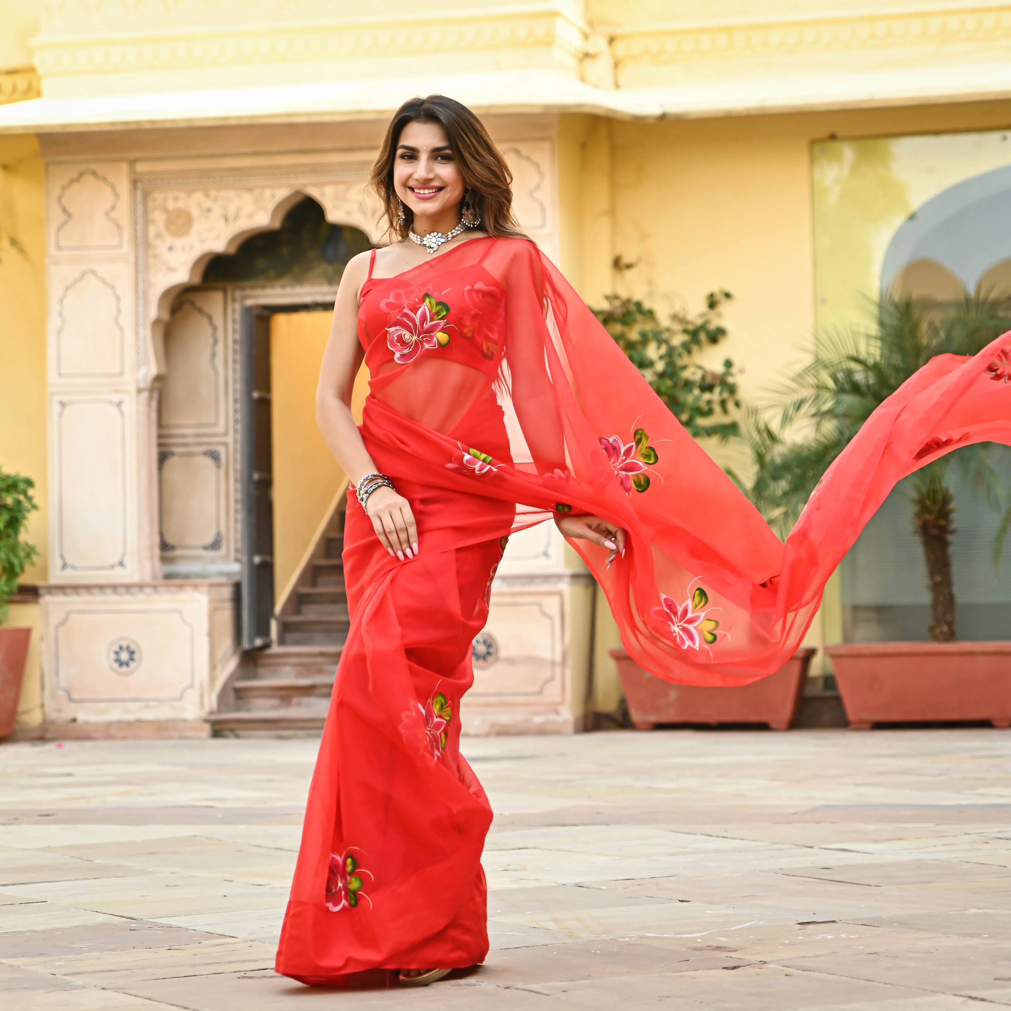Bunaai Red Organza Handpainted Saree - Woolfily