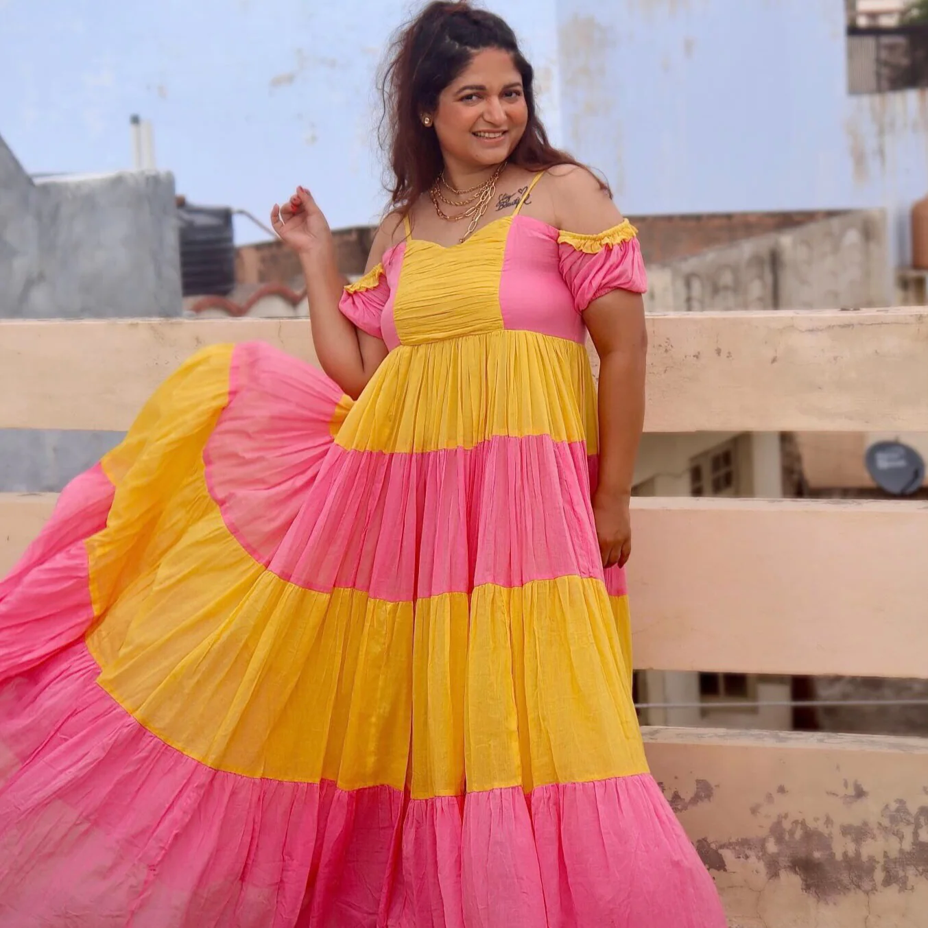 Bunaai Amelia Pink Yellow Maxi Dress - Woolfily