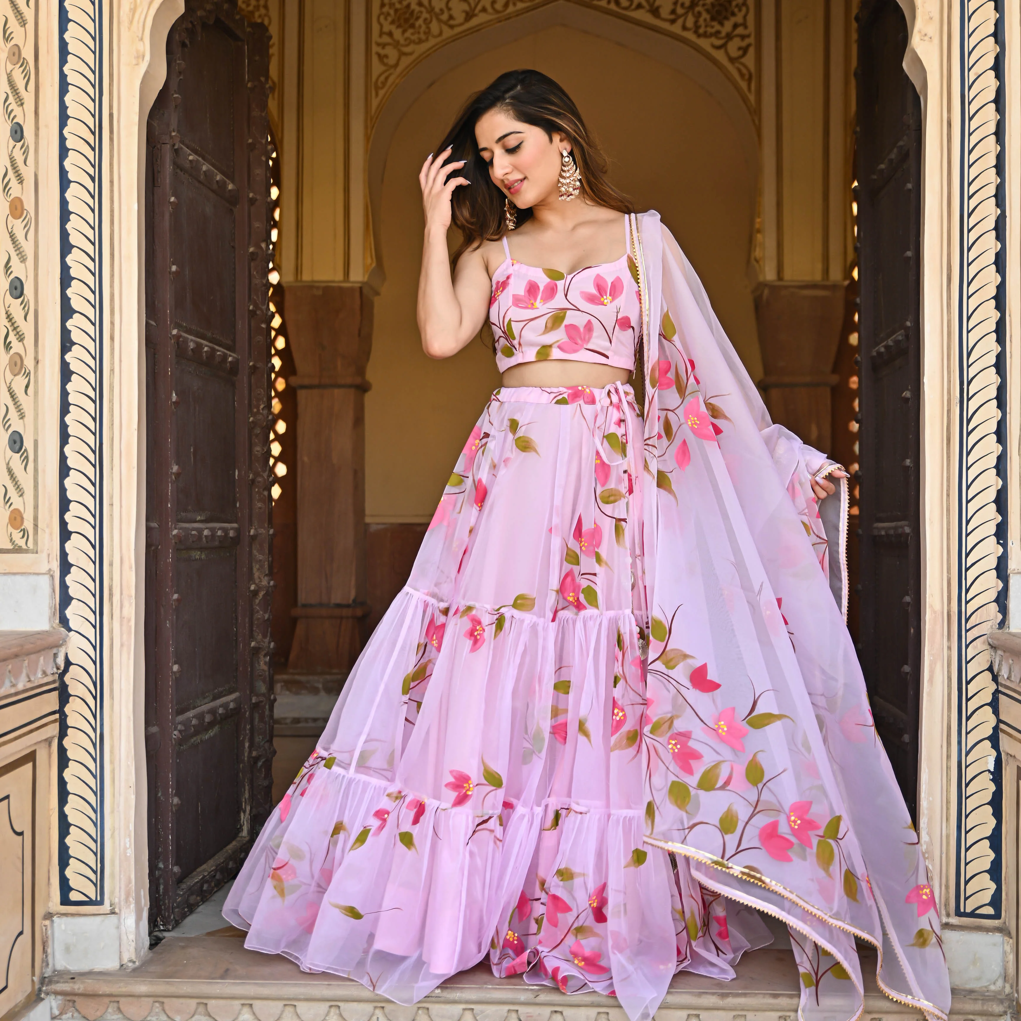 Bunaai Baby Pink Handpainted Lehenga Set - Woolfily