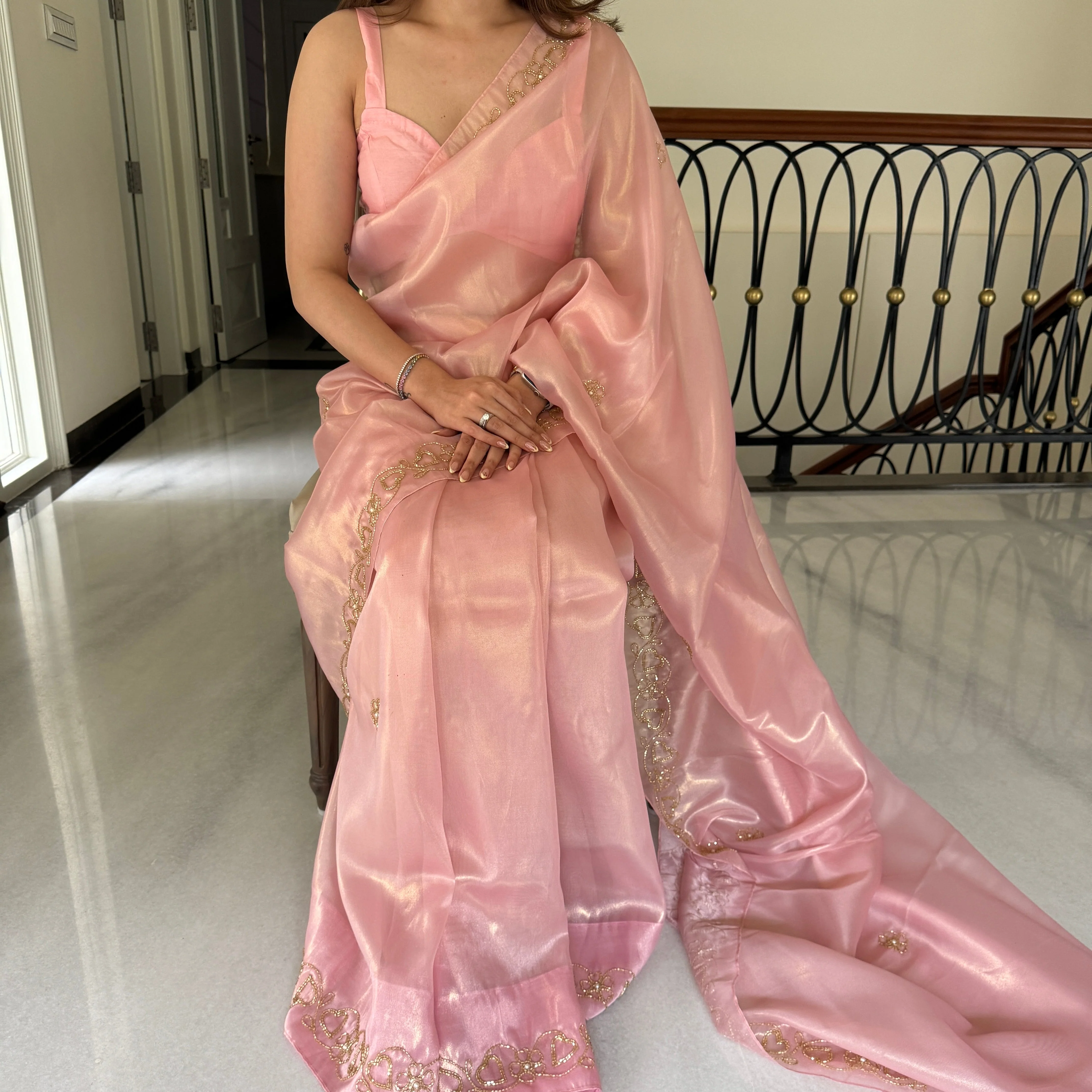 Petal Pink Shimmer Saree - Woolfily
