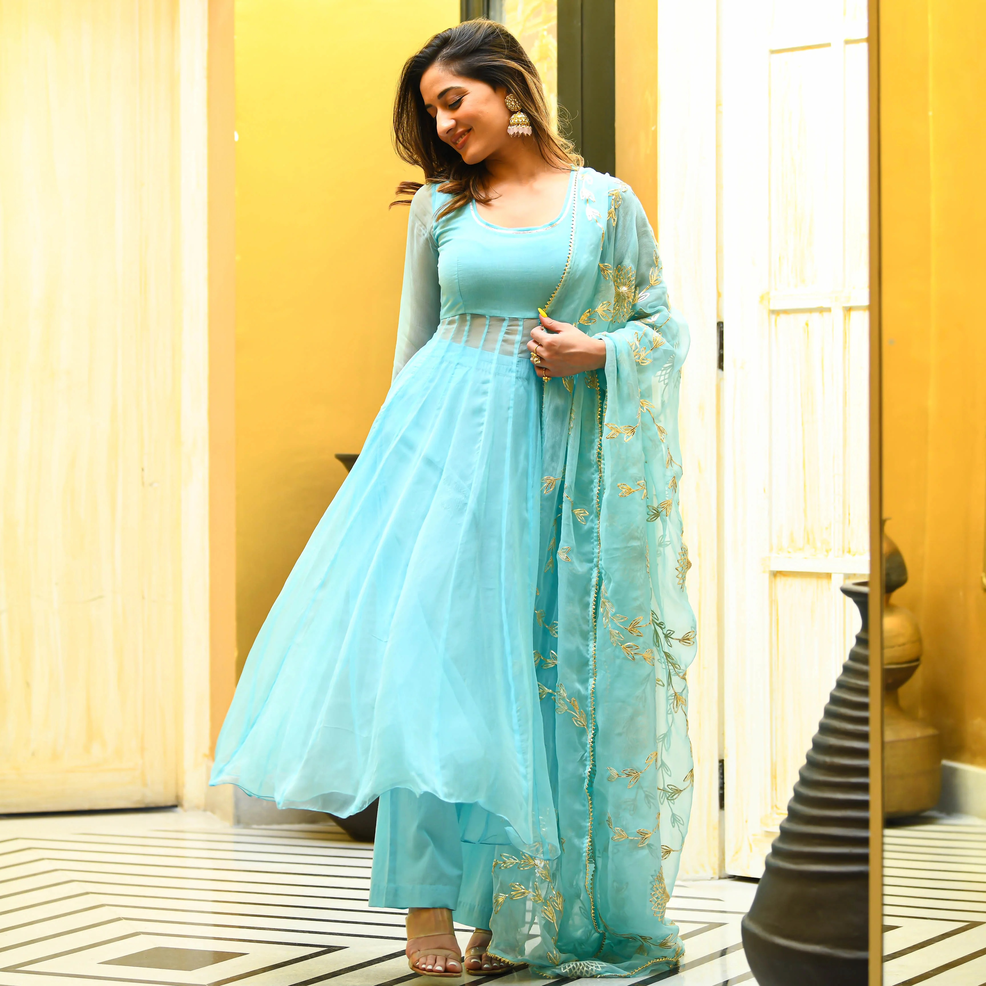 Bunaai Skyblue Gotta Salwar Suit - Woolfily
