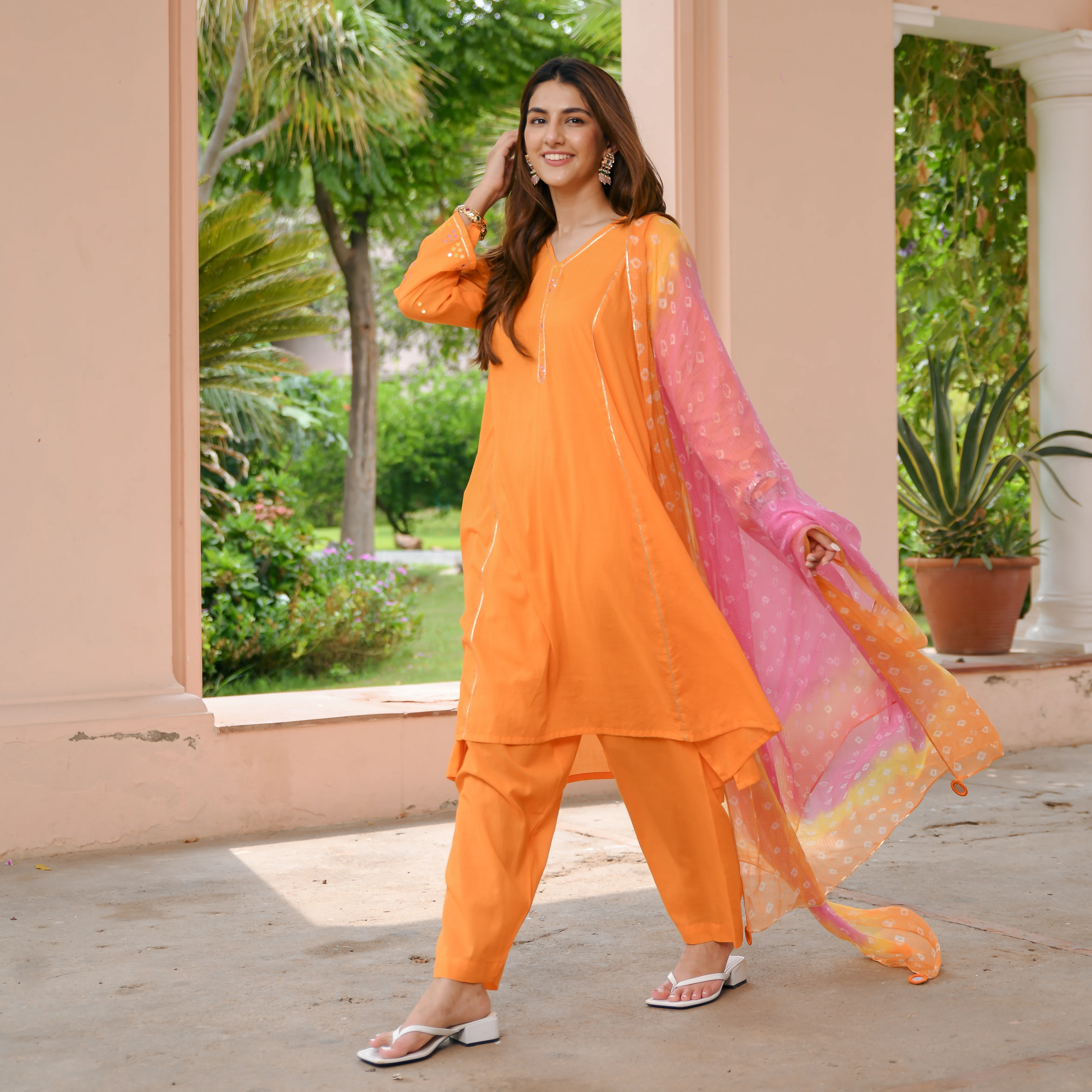 Orange Bandhej Cotton Suit Set - Woolfily