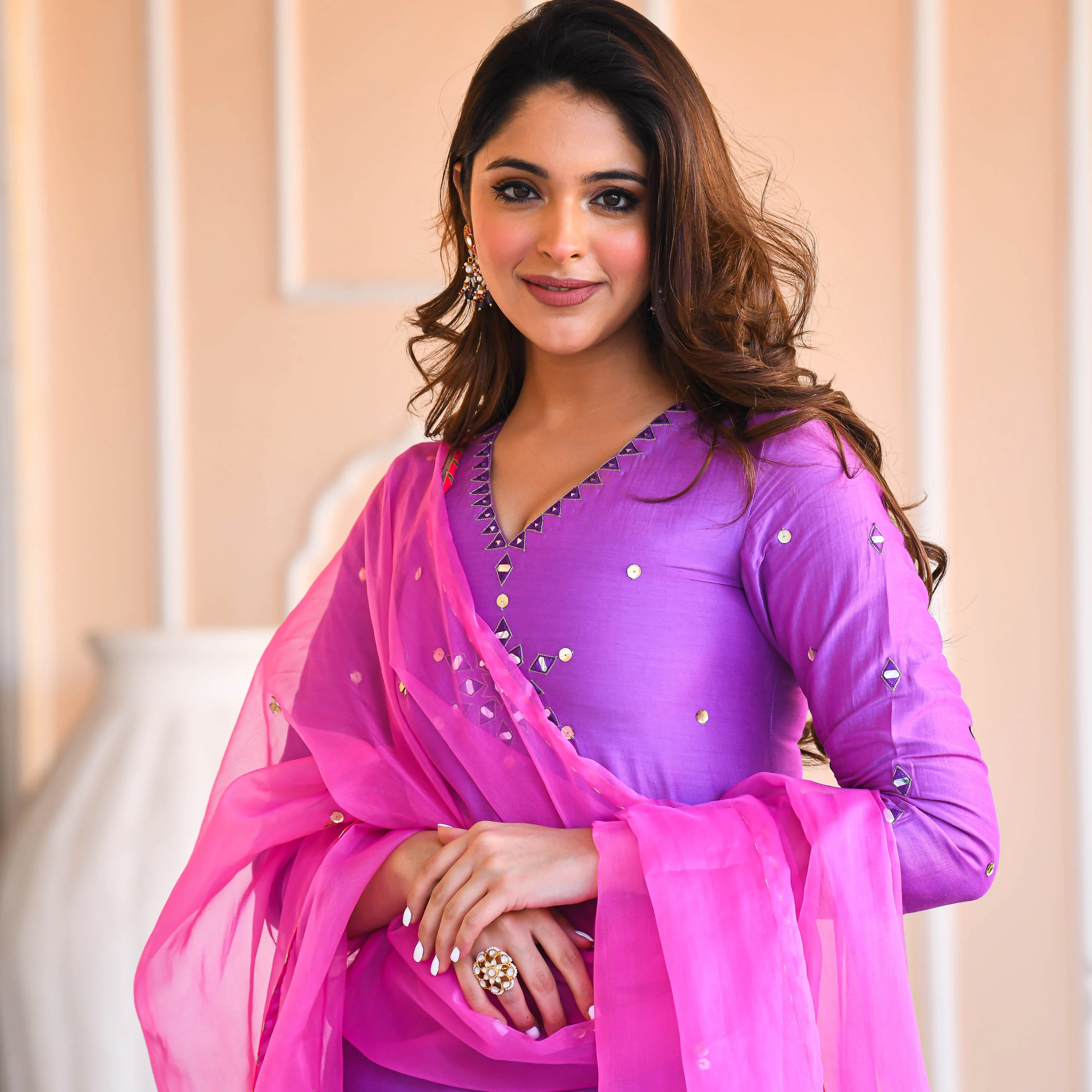 Bunaai Purple Mirror Work Suit Set - Woolfily