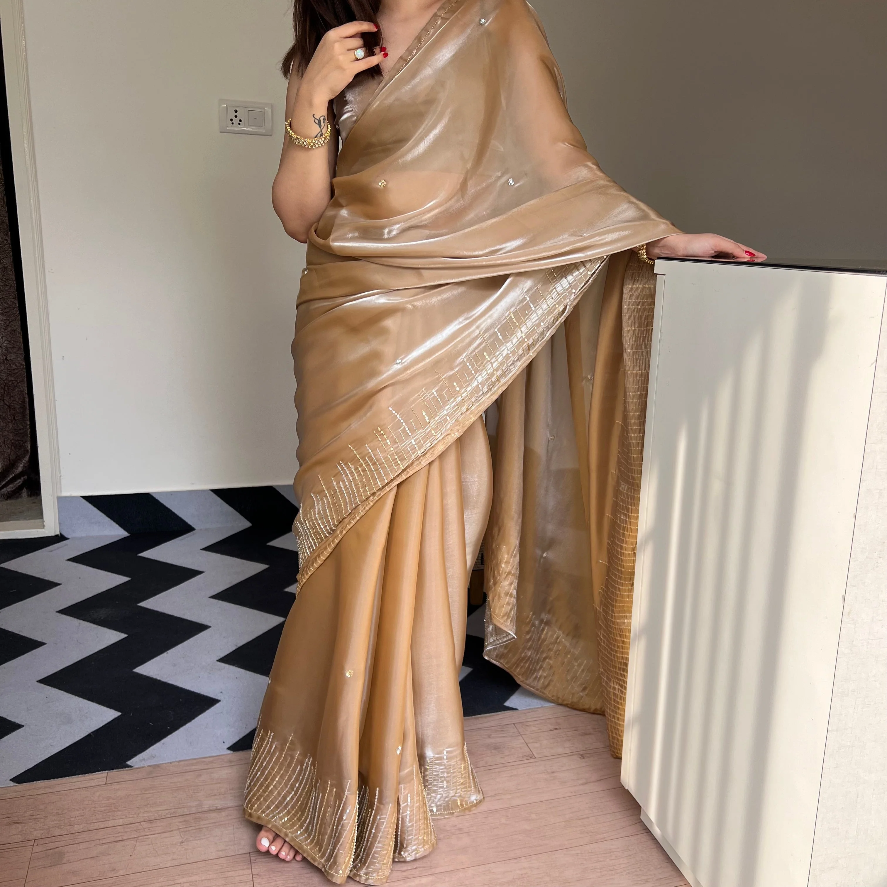 Golden Glow Tissue Saree - Woolfily