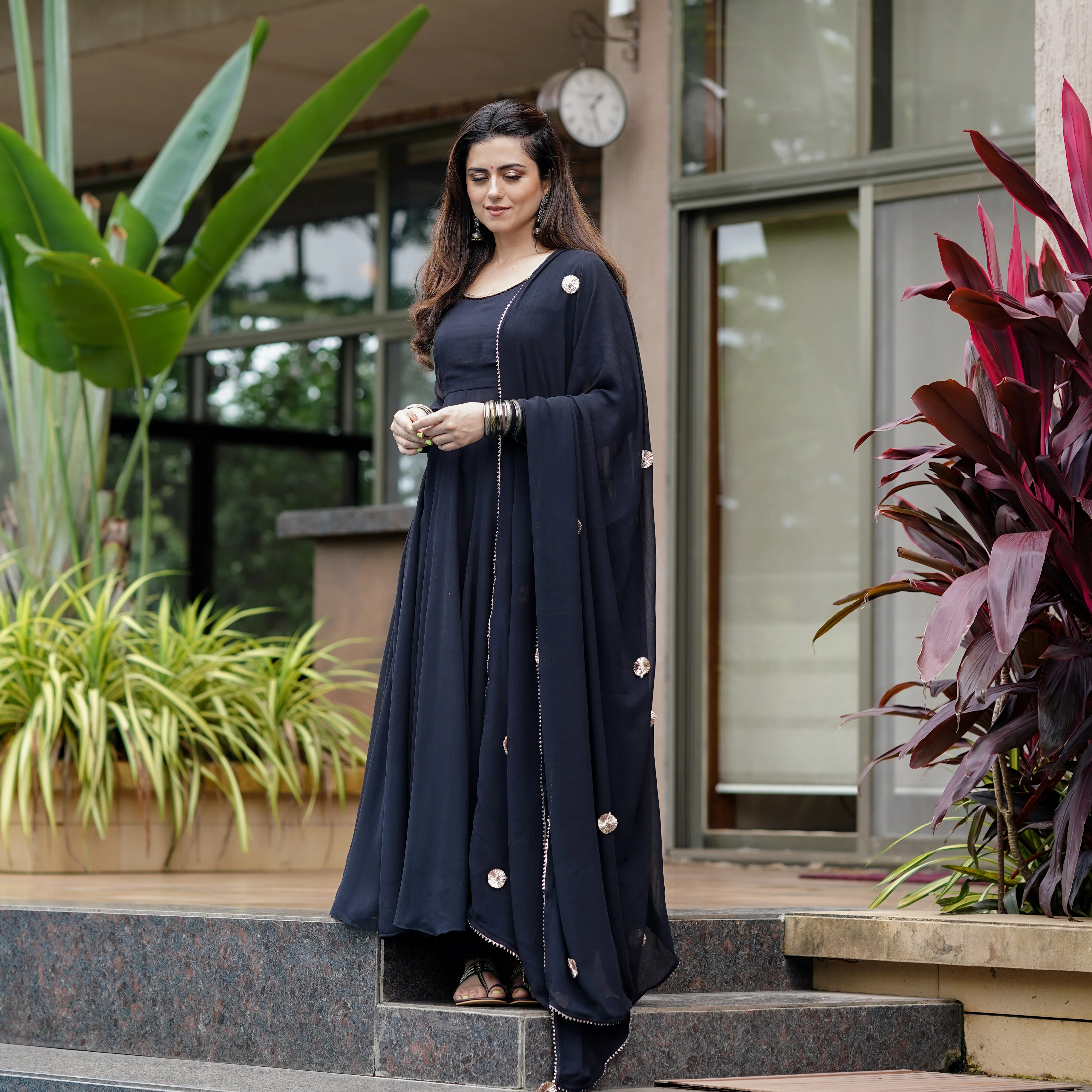 Bunaai Black Anarkali And Pant With Dupatta - Woolfily