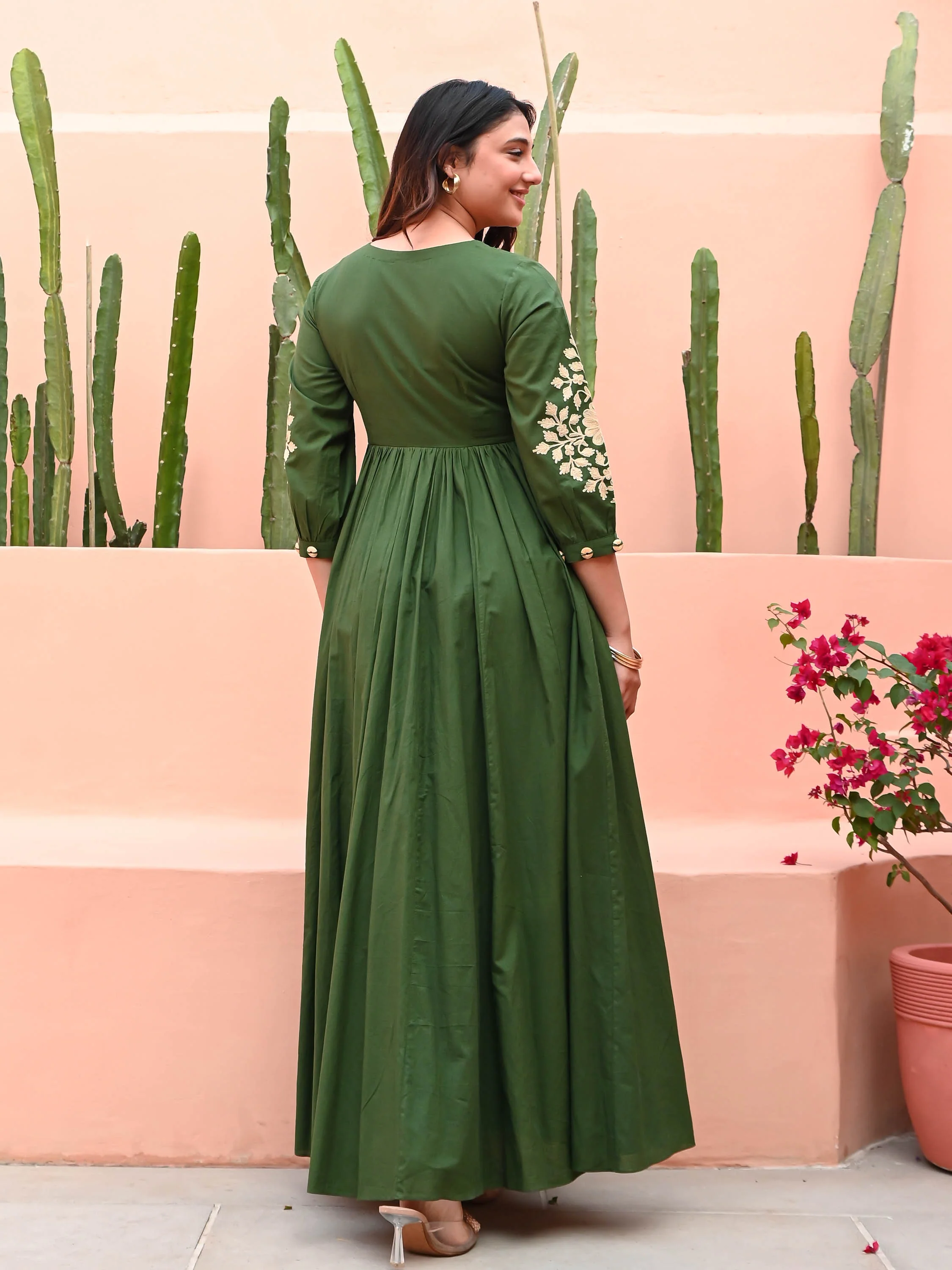 Dark Green Dress with Embroidery - Woolfily