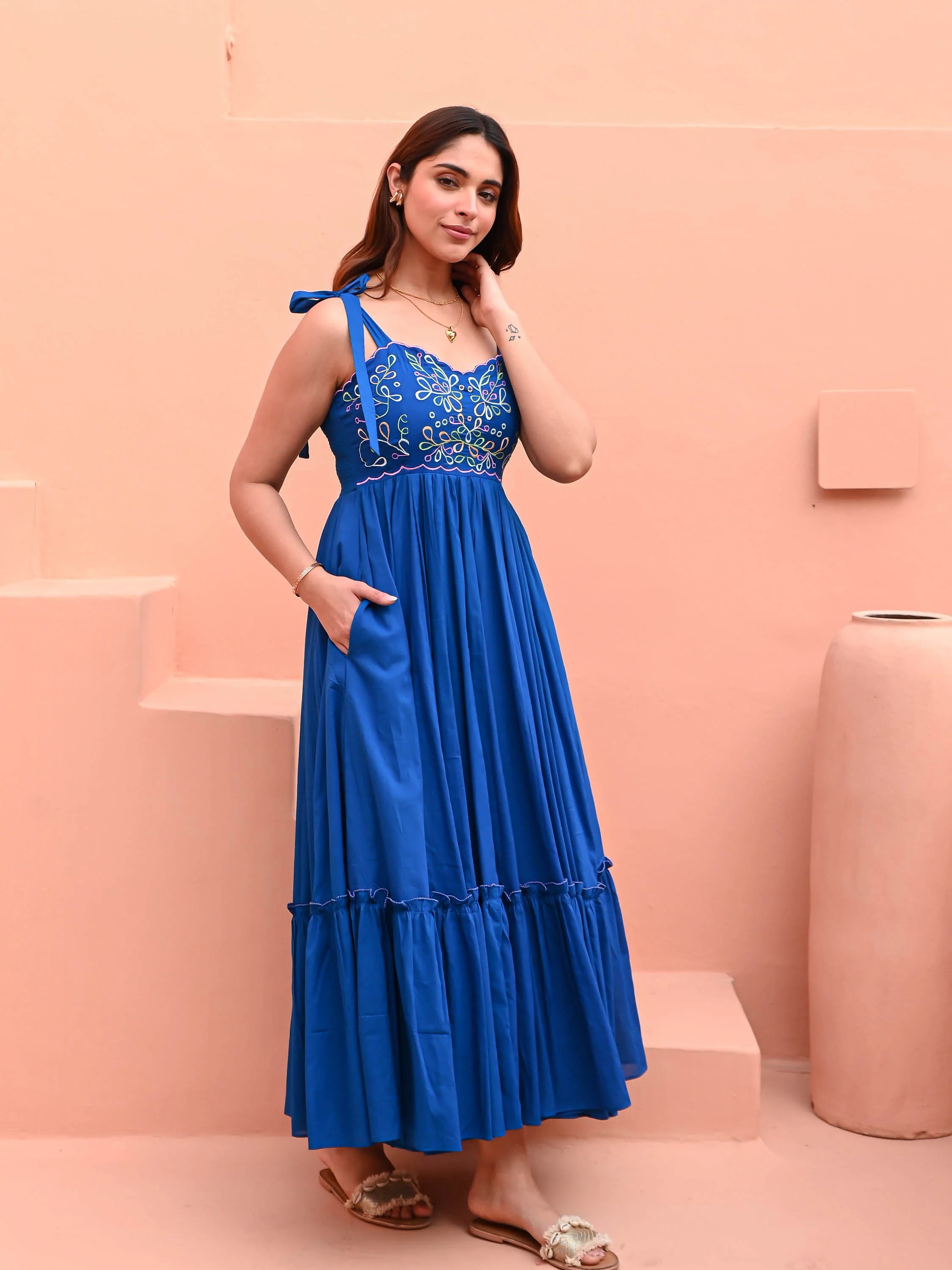 Dazzling Blue Cotton Dress - Woolfily
