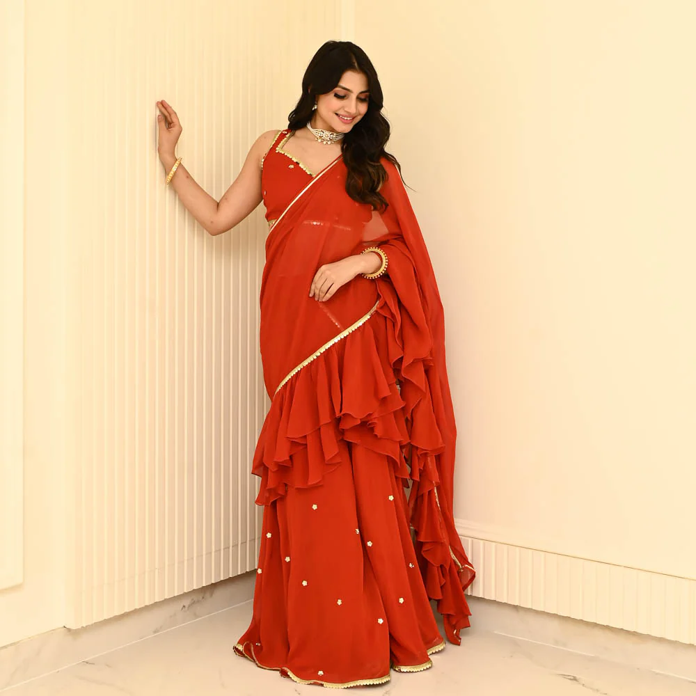 Bunaai Rust Georgette Draped Saree - Woolfily